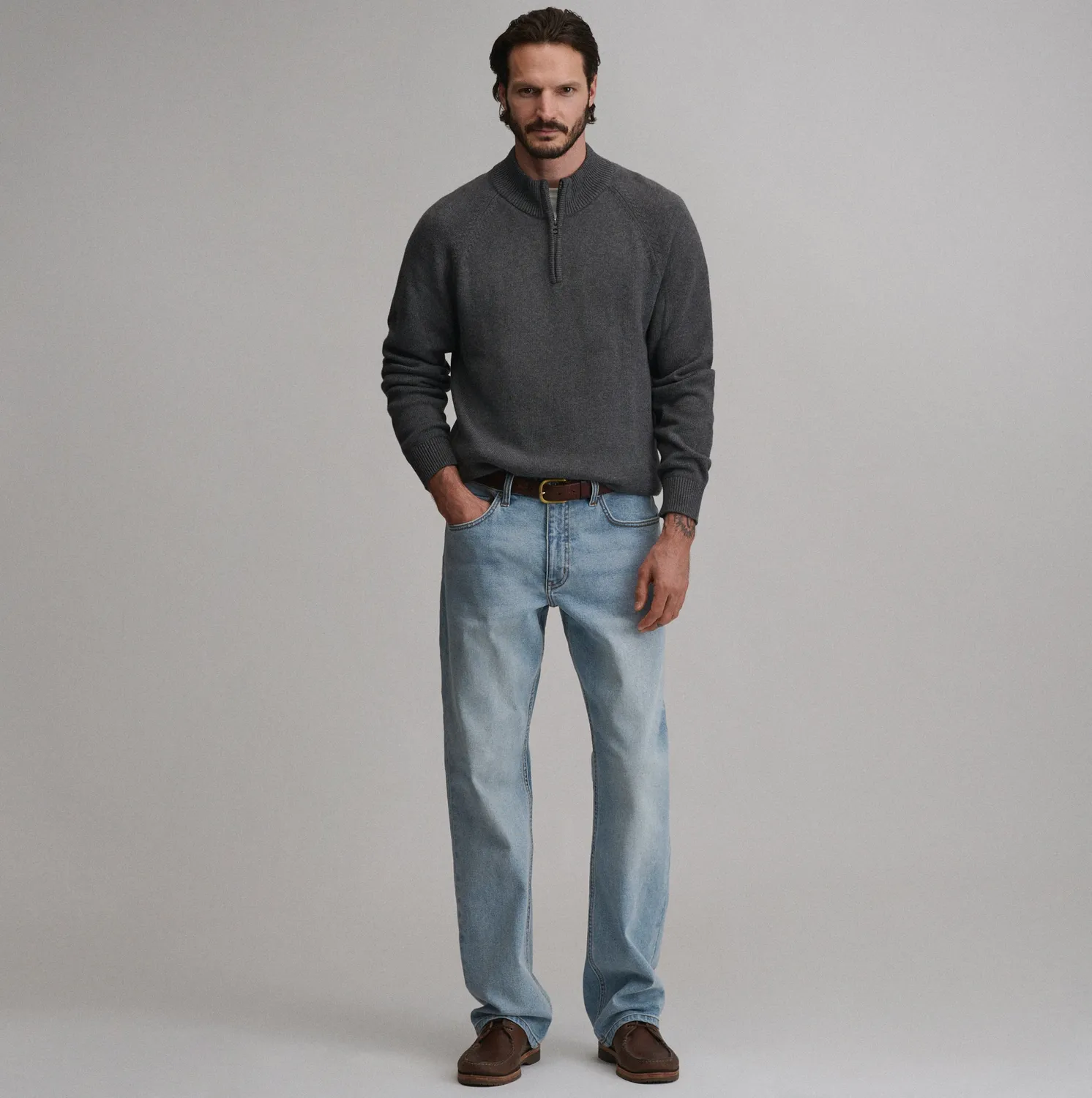 Eddie Bauer Classic Quarter-Zip pulover Heather Oatmeal călduros