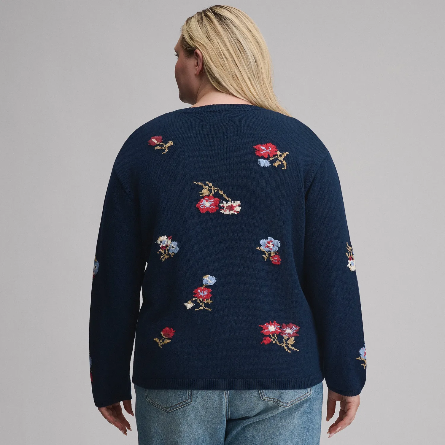 Eddie Bauer Floral Crewneck pulover dama bleumarin cu model floral