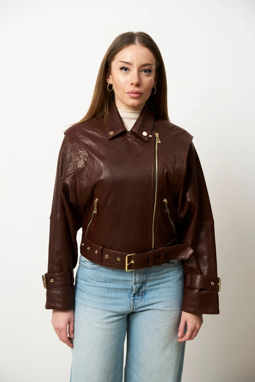 Mareus Amber Cognac 626 geaca piele dama oversized maro
