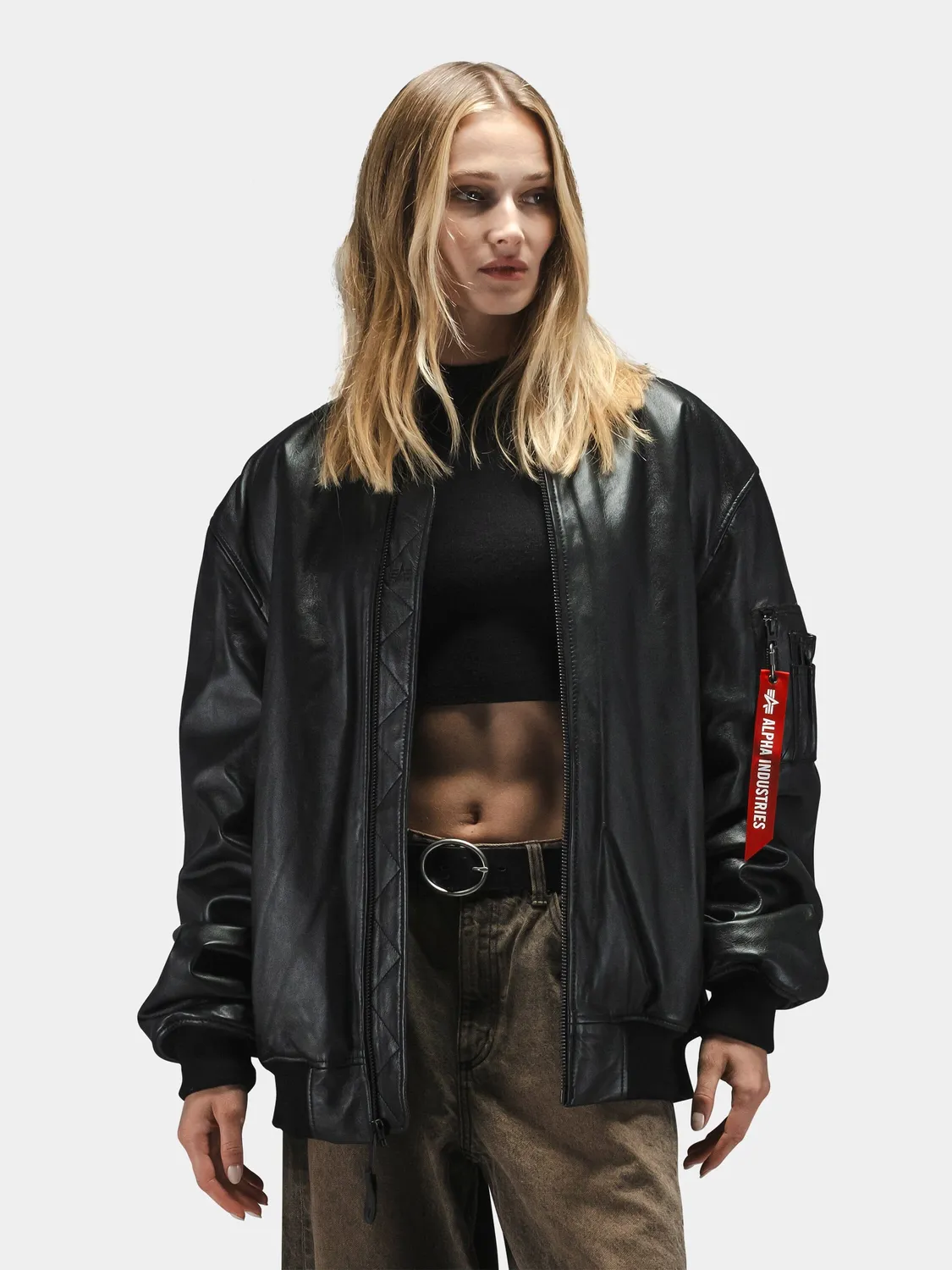 Alpha Industries MA-1 Leather Bomber geacă piele neagră călduroasă