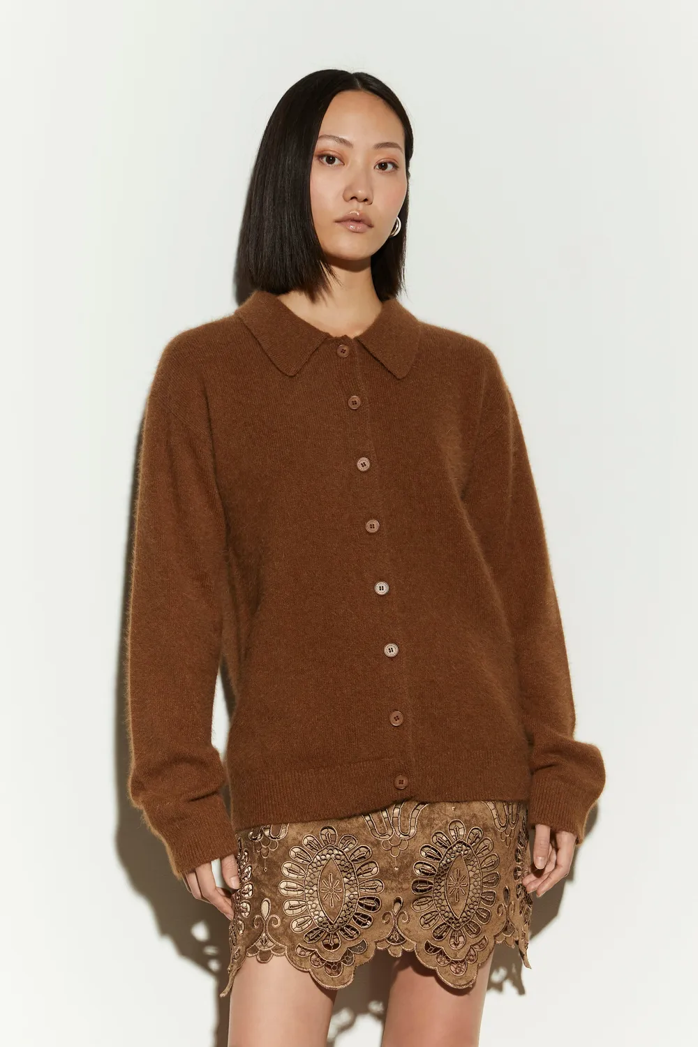 Isabelle Blanche cardigan lână Gray cu guler vulpe