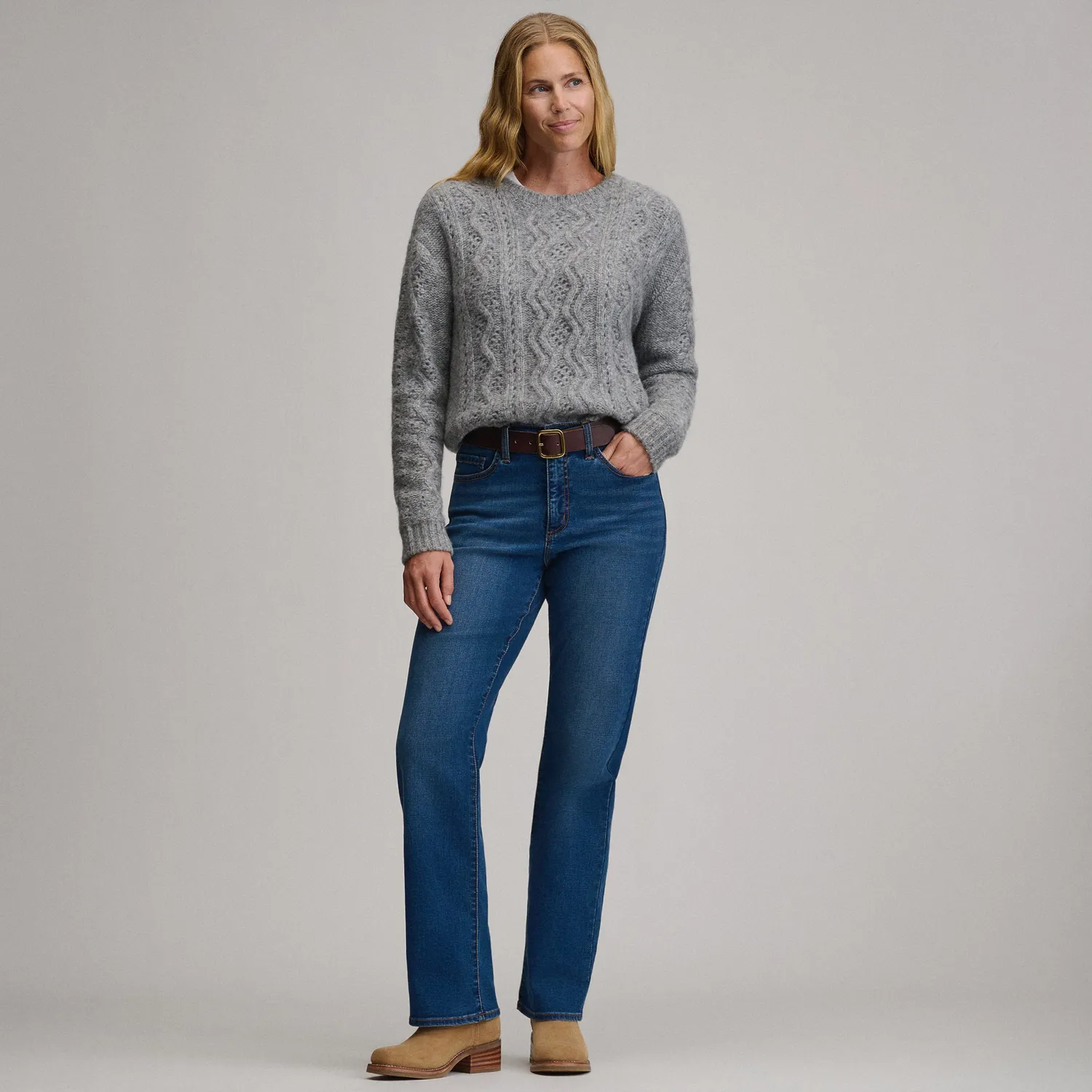 Eddie Bauer Open Stitch pulover dama gri cu cablu