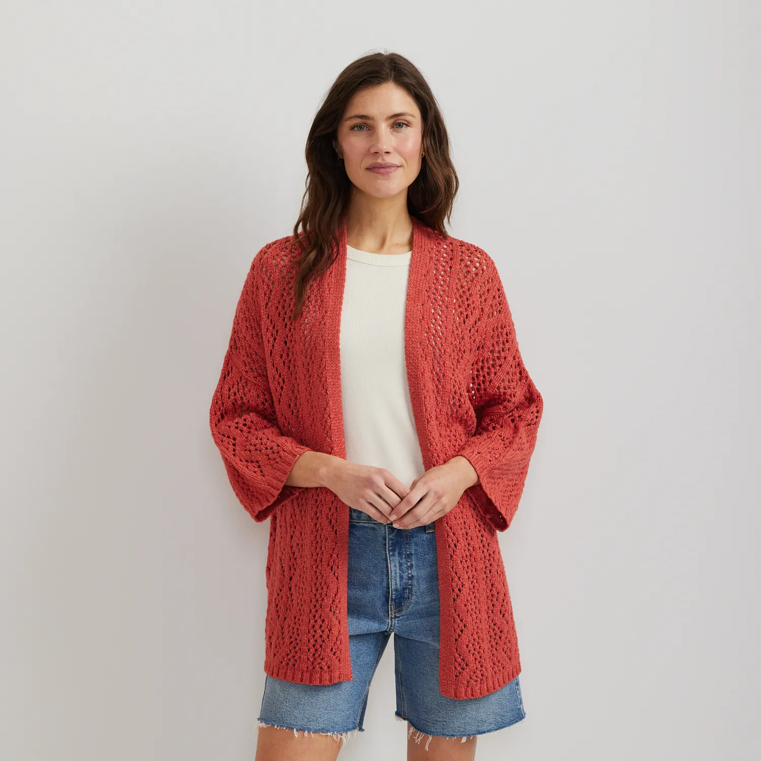 Eddie Bauer Open Stitch cardigan dama lung bej calduros