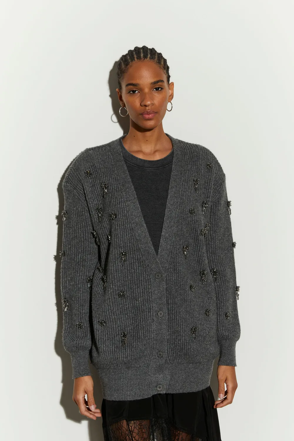 Isabelle Blanche cardigan gri M broderie lână