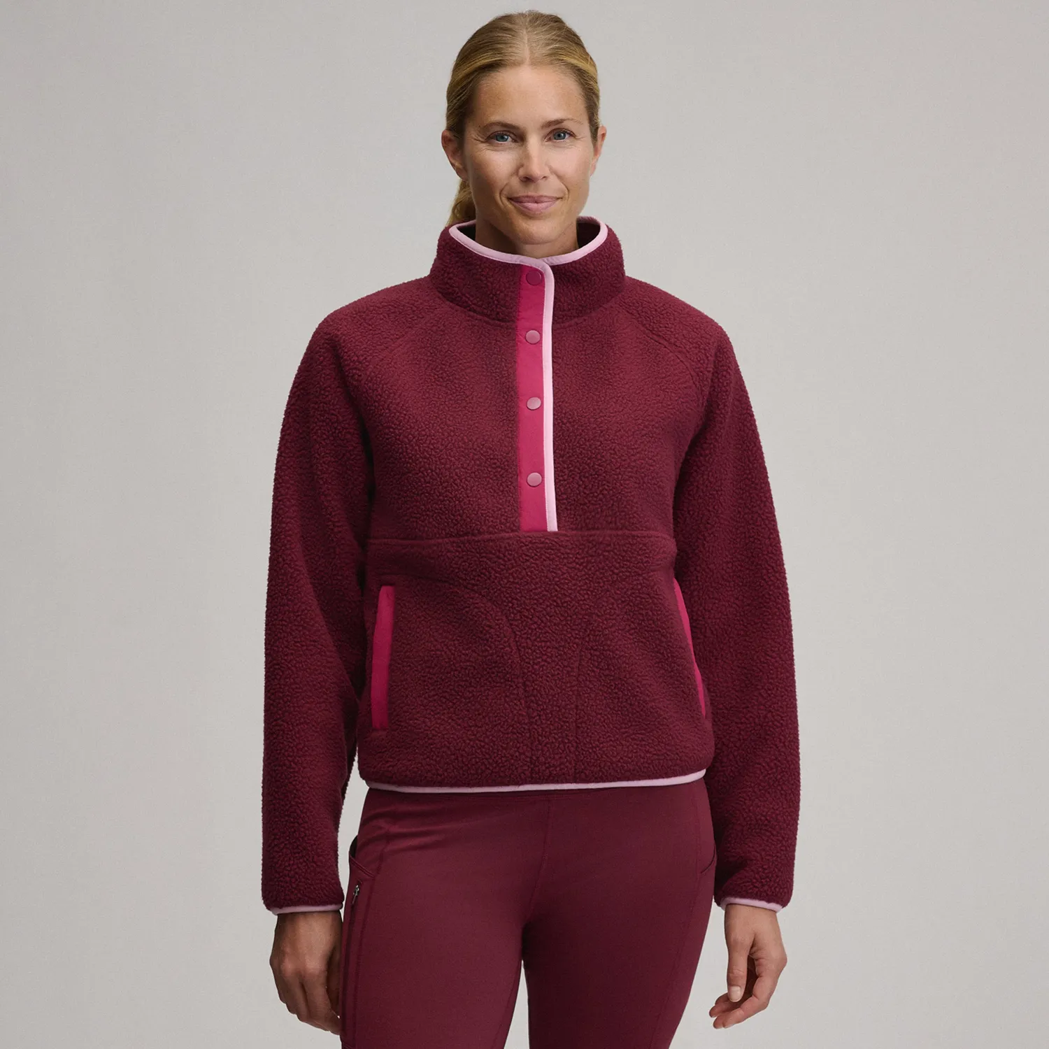 Eddie Bauer Plush Fleece Snap-Mock bluza roz calduroasa