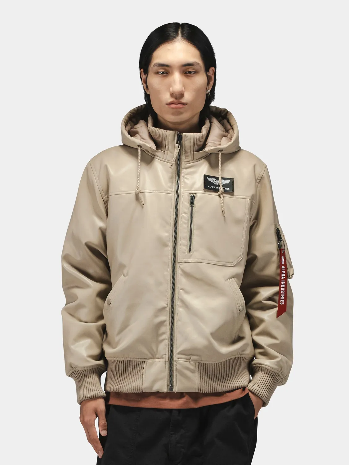 Alpha Industries Faux Leather Hooded Rib geaca vintage khaki