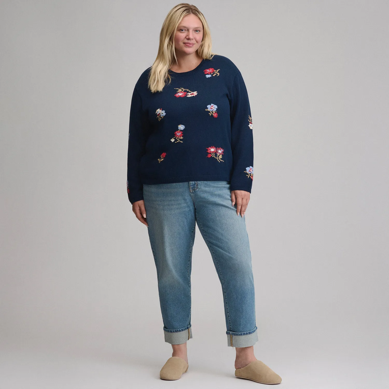 Eddie Bauer Floral Crewneck pulover dama bleumarin cu model floral