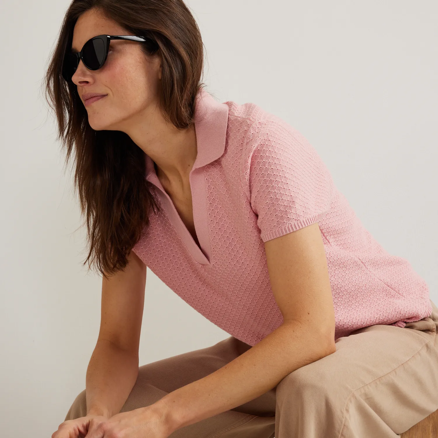 Eddie Bauer Diamond Stitch pulover Ivory mânecă scurtă