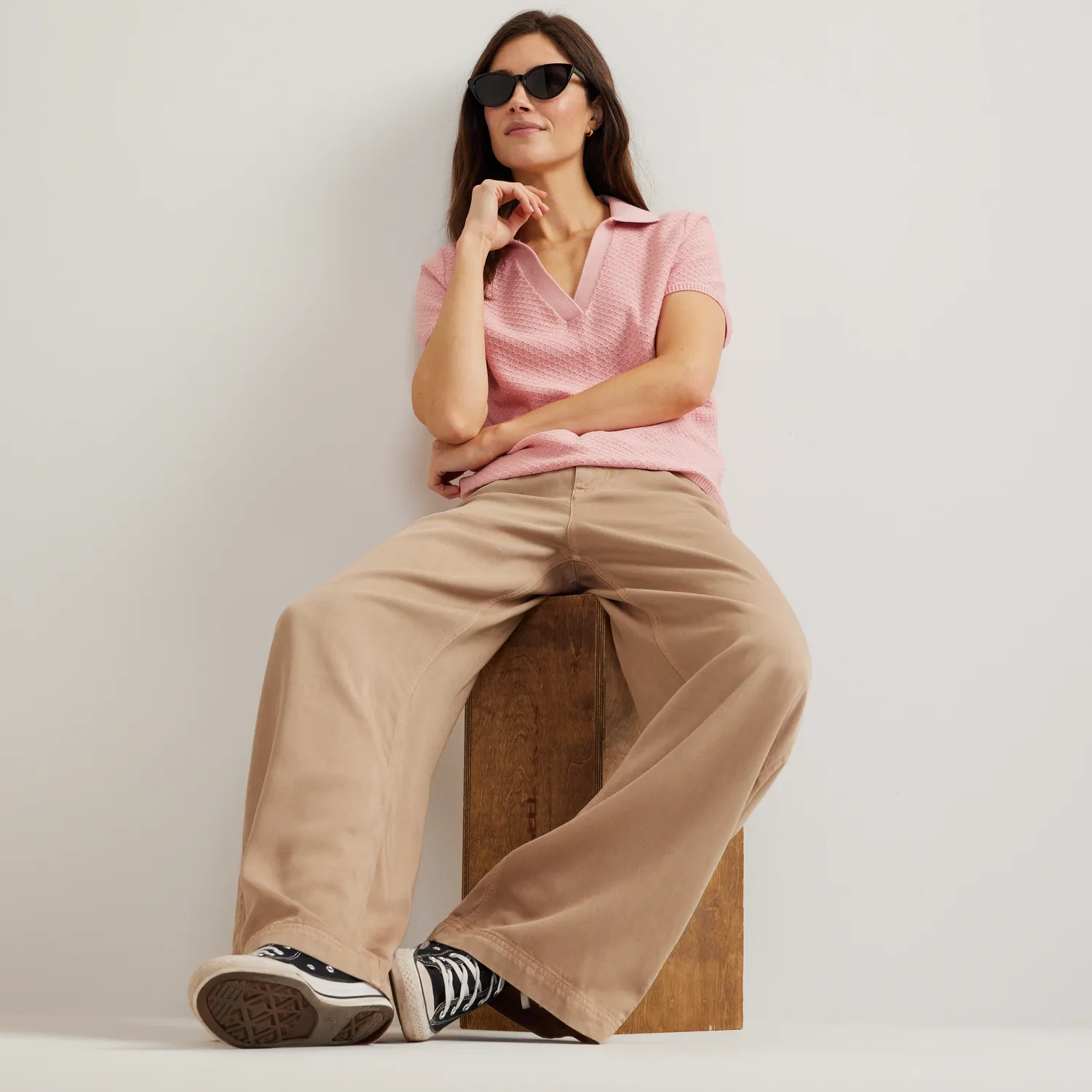 Eddie Bauer Diamond Stitch pulover Ivory mânecă scurtă
