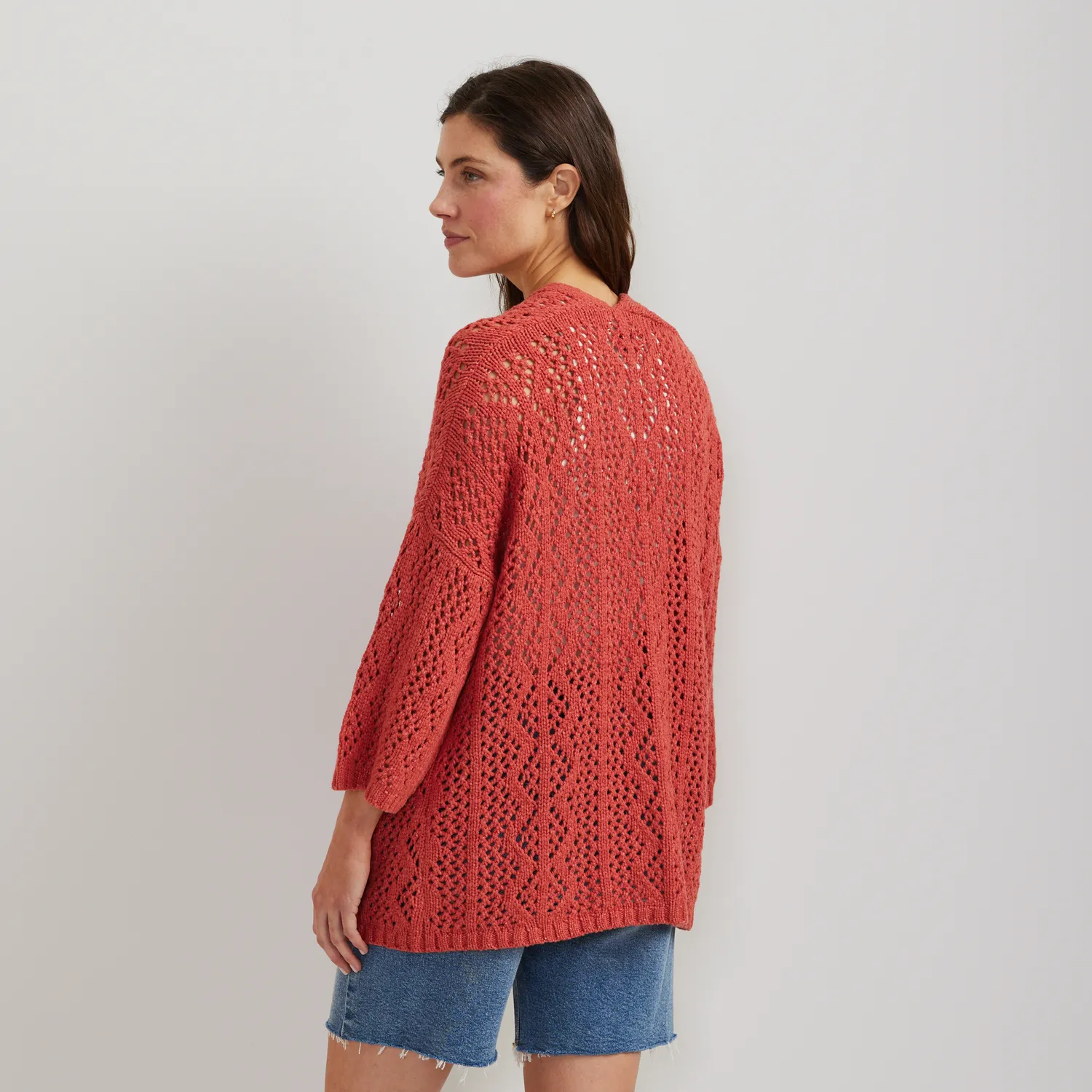 Eddie Bauer Open Stitch cardigan dama lung bej calduros