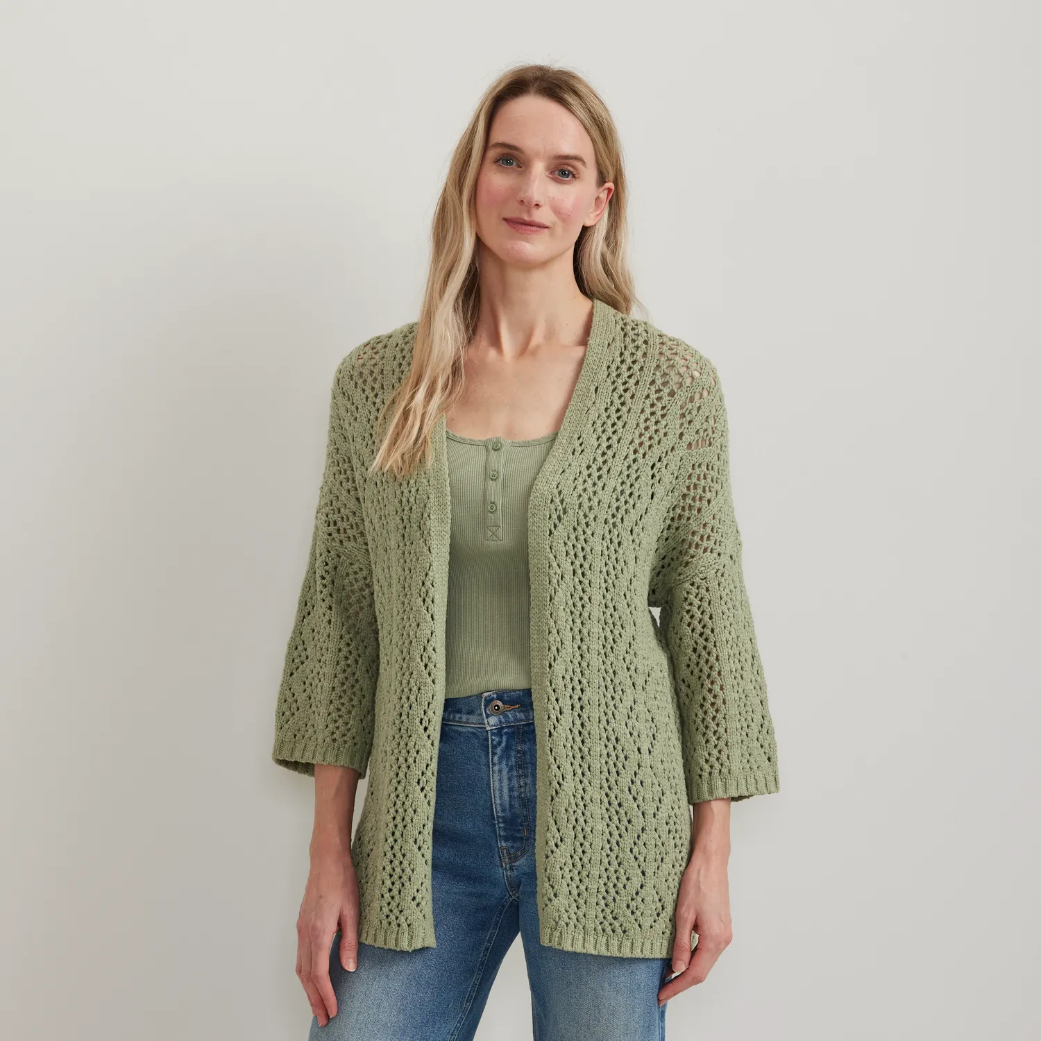 Eddie Bauer Open Stitch cardigan dama lung bej calduros