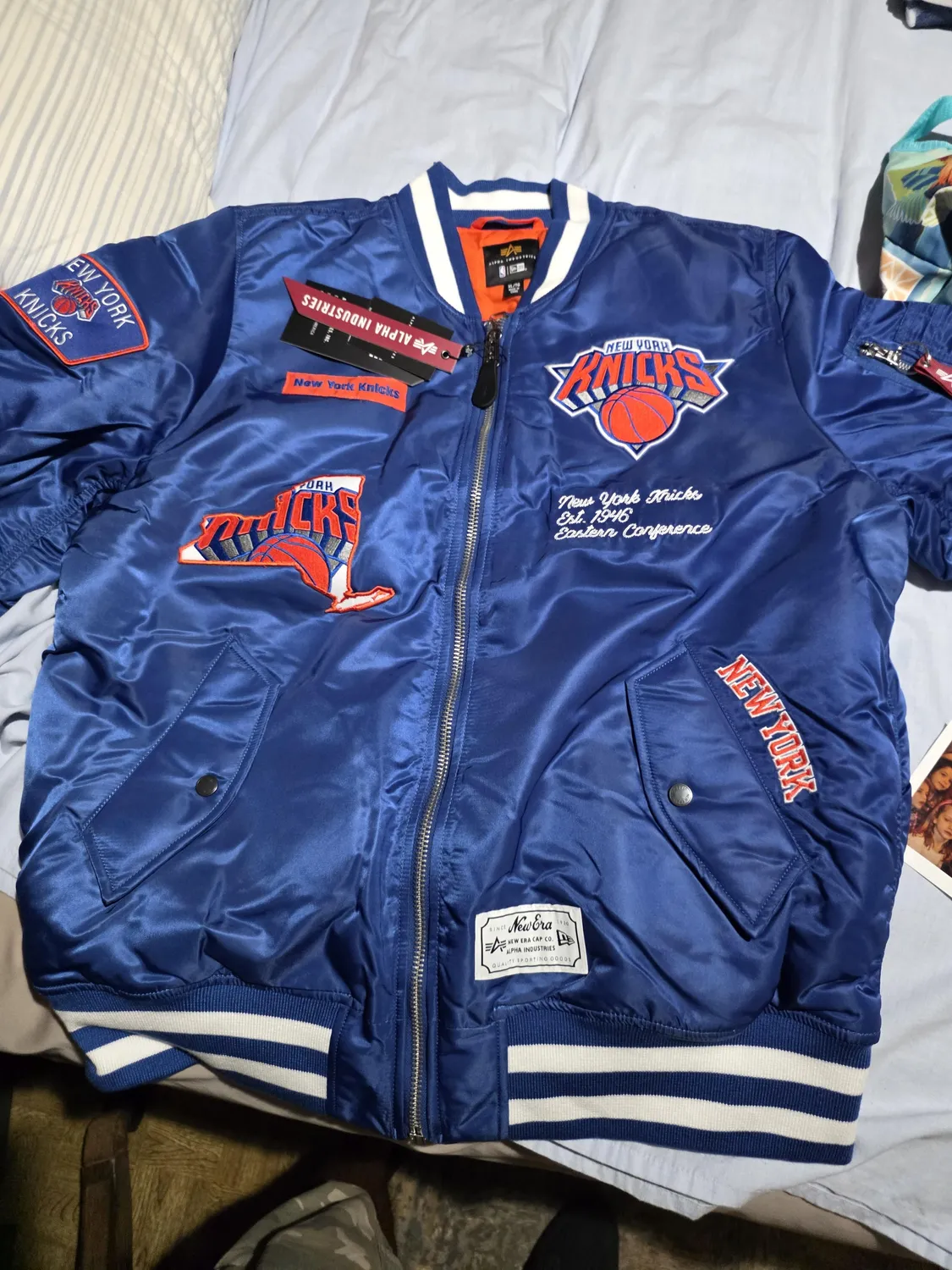 Alpha Industries MA-1 Knicks geacă bomber albastră brodată