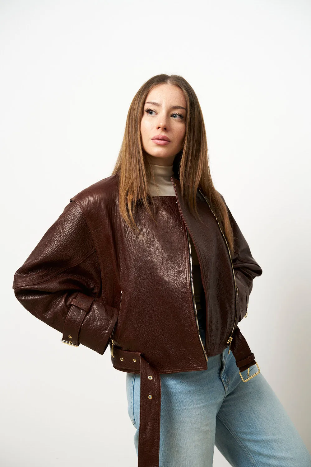 Mareus Amber Cognac 626 geaca piele dama oversized maro