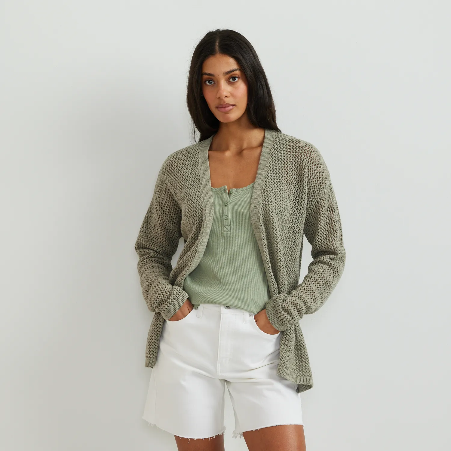Eddie Bauer Open-Front Cardigan damă Sage călduros