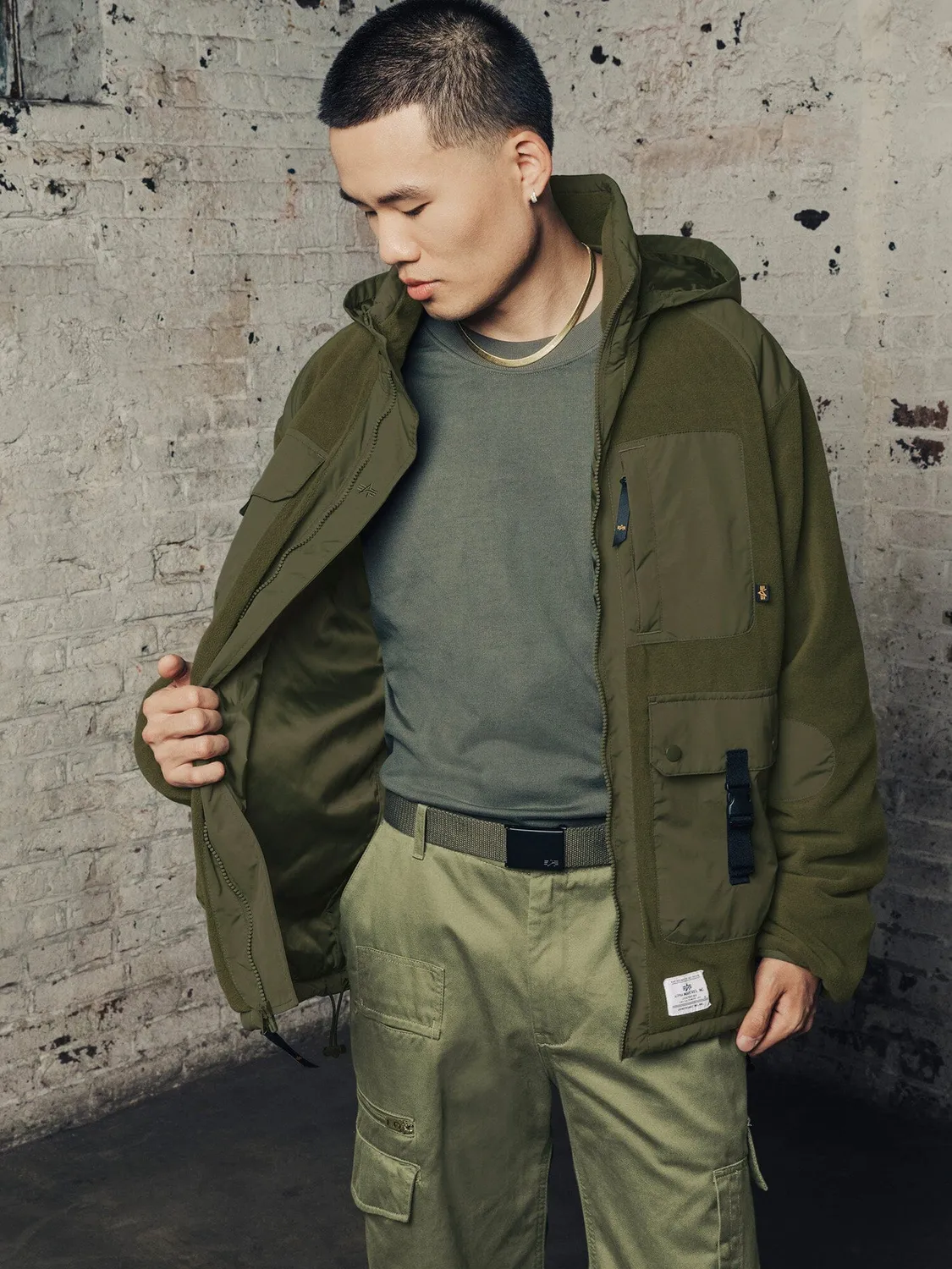 Alpha Industries Mixed Media hanorac polar Dark Green cu gluga