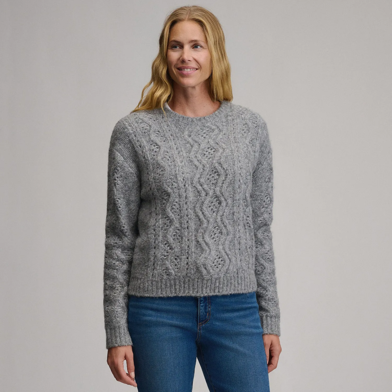 Eddie Bauer Open Stitch pulover dama gri cu cablu