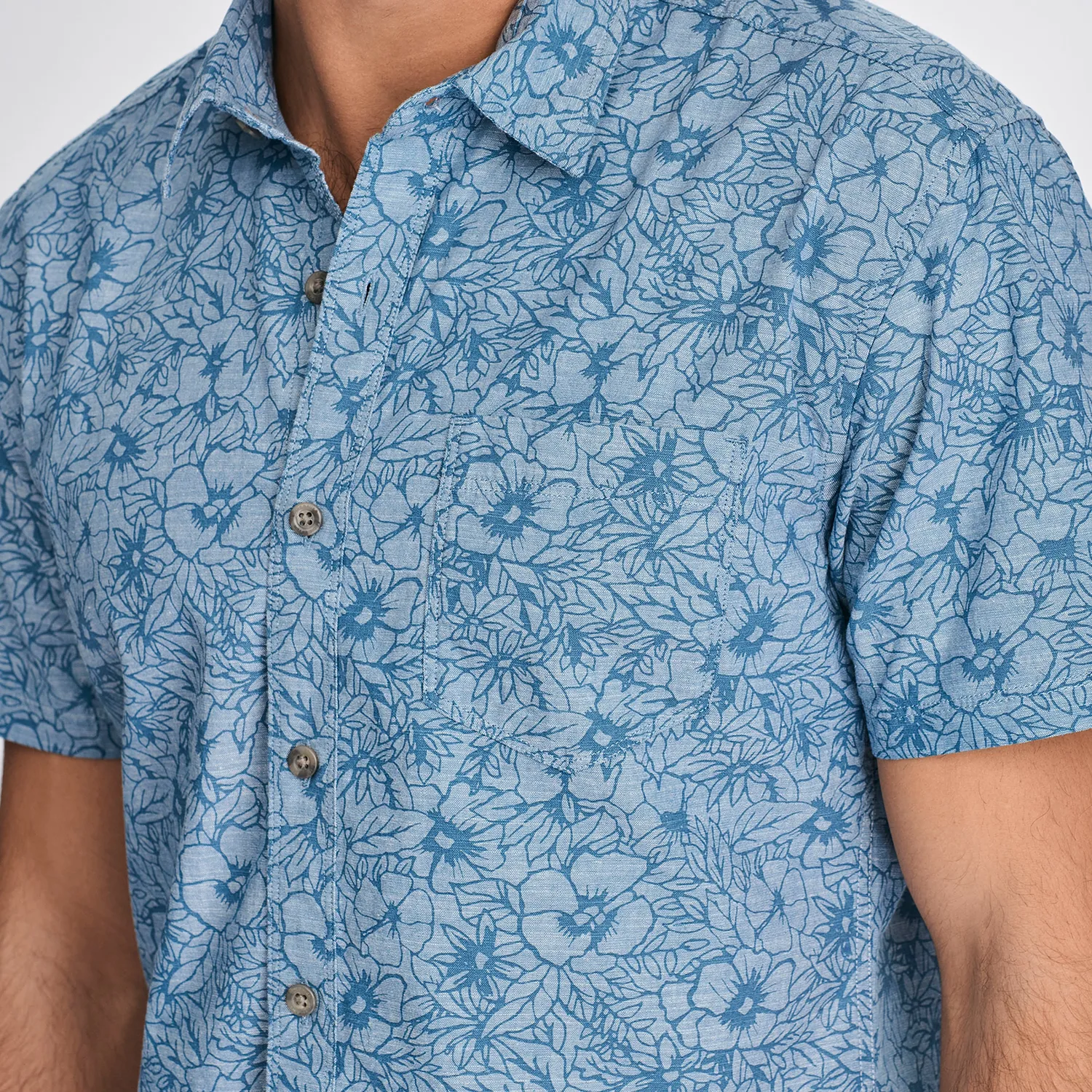Eddie Bauer Camano cămașă mânecă scurtă Chambray Blue bumbac