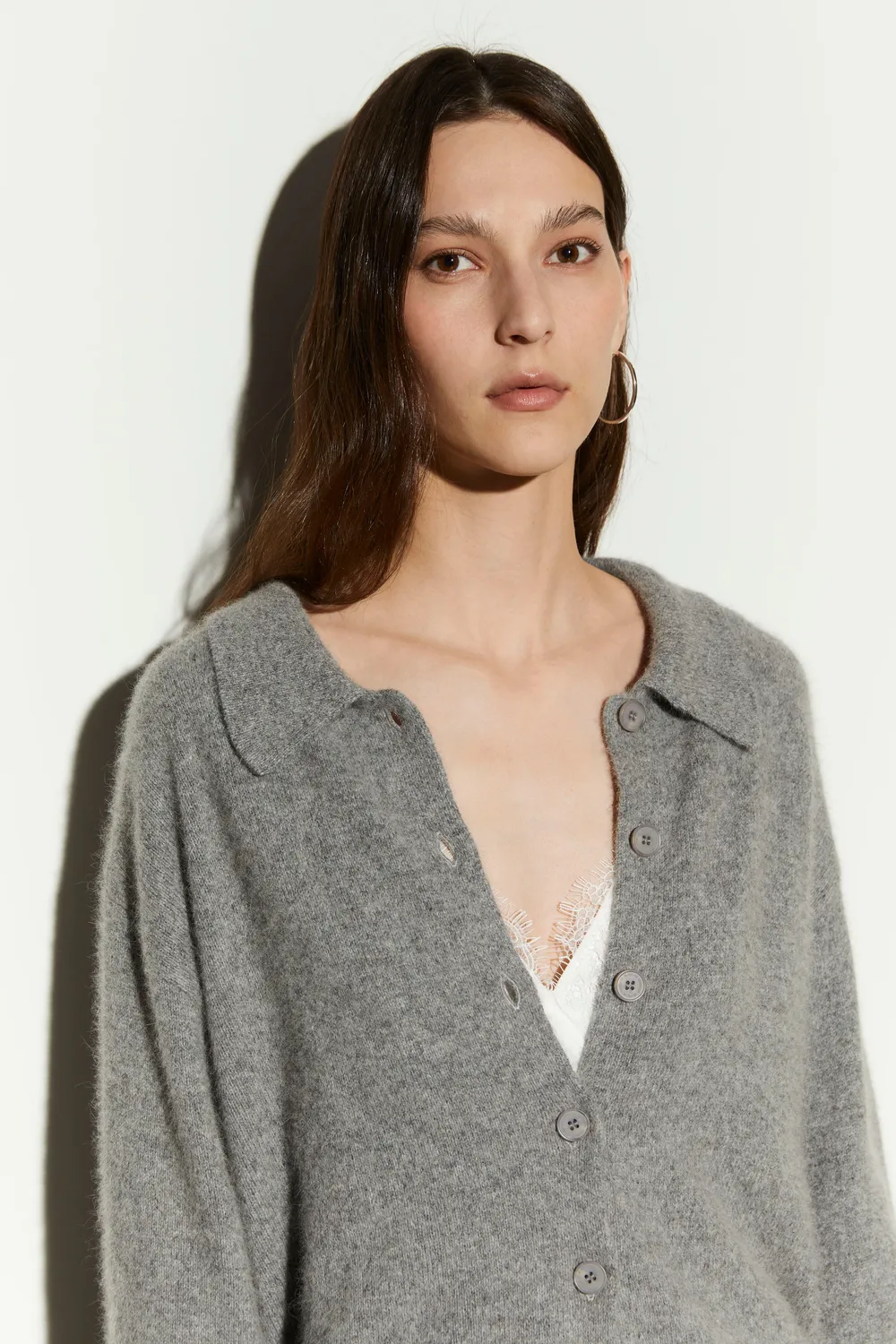 Isabelle Blanche cardigan lână Gray cu guler vulpe