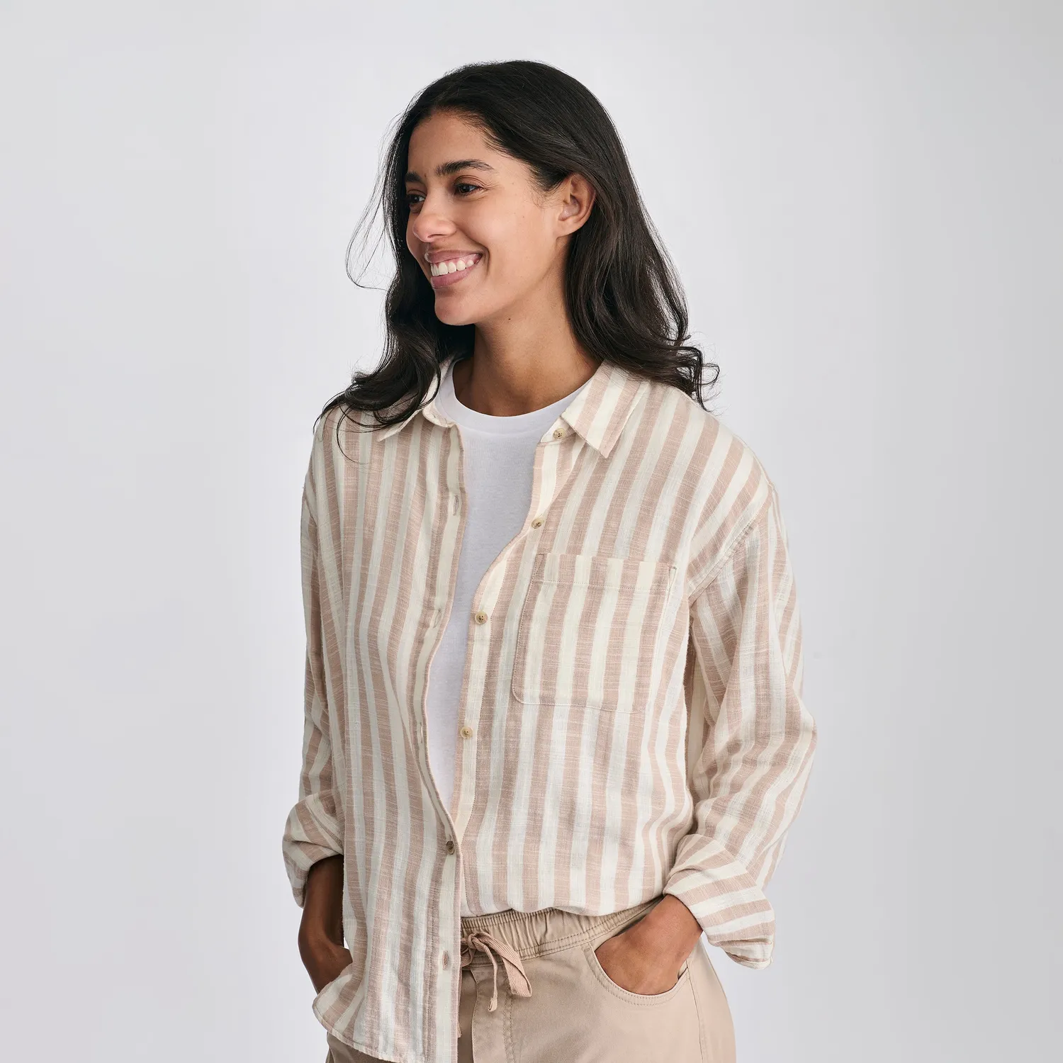 Eddie Bauer Woven Stripe camasa dama Natural bumbac