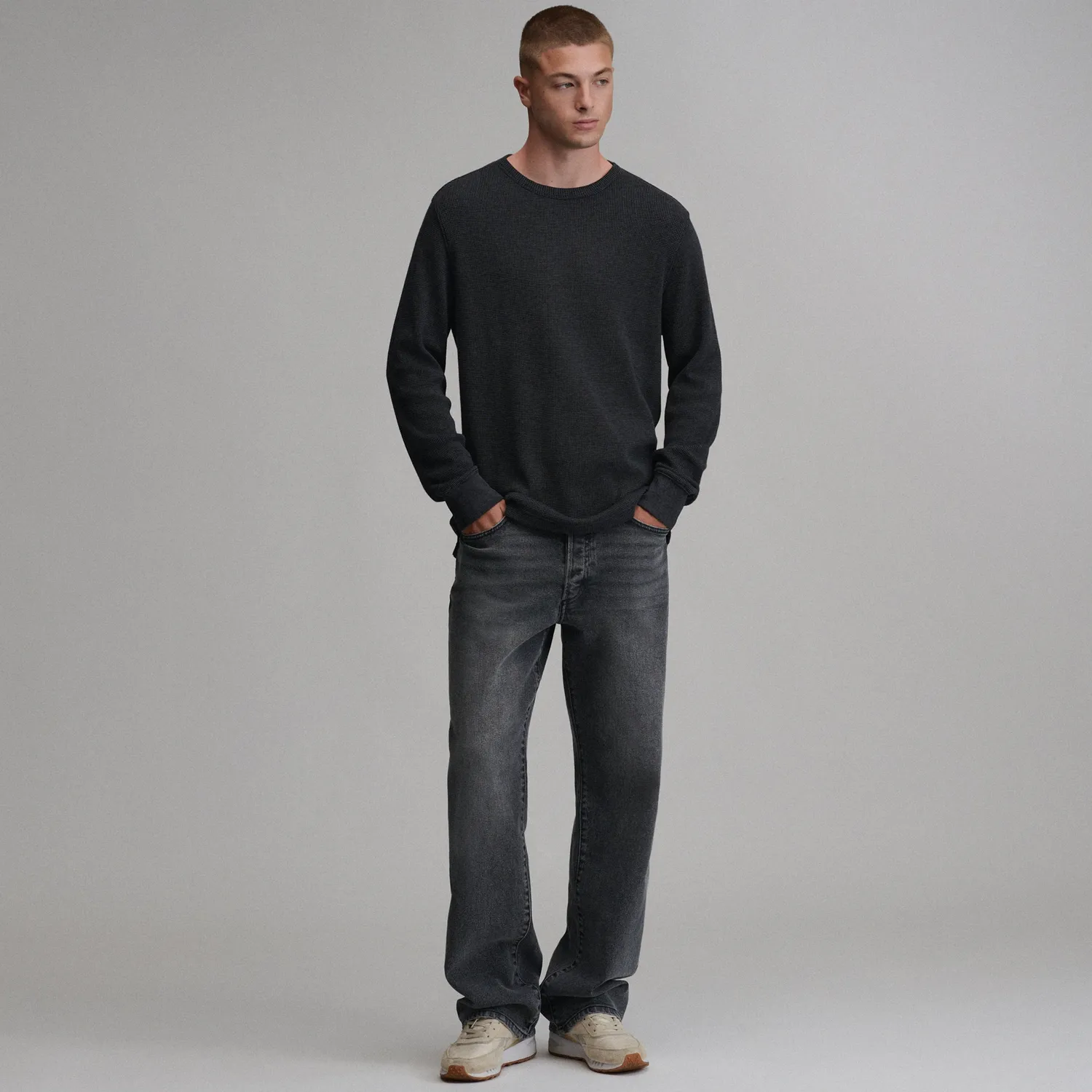Eddie Bauer Plaited Waffle Thermal Crew bluză Whistle Blue călduroasă