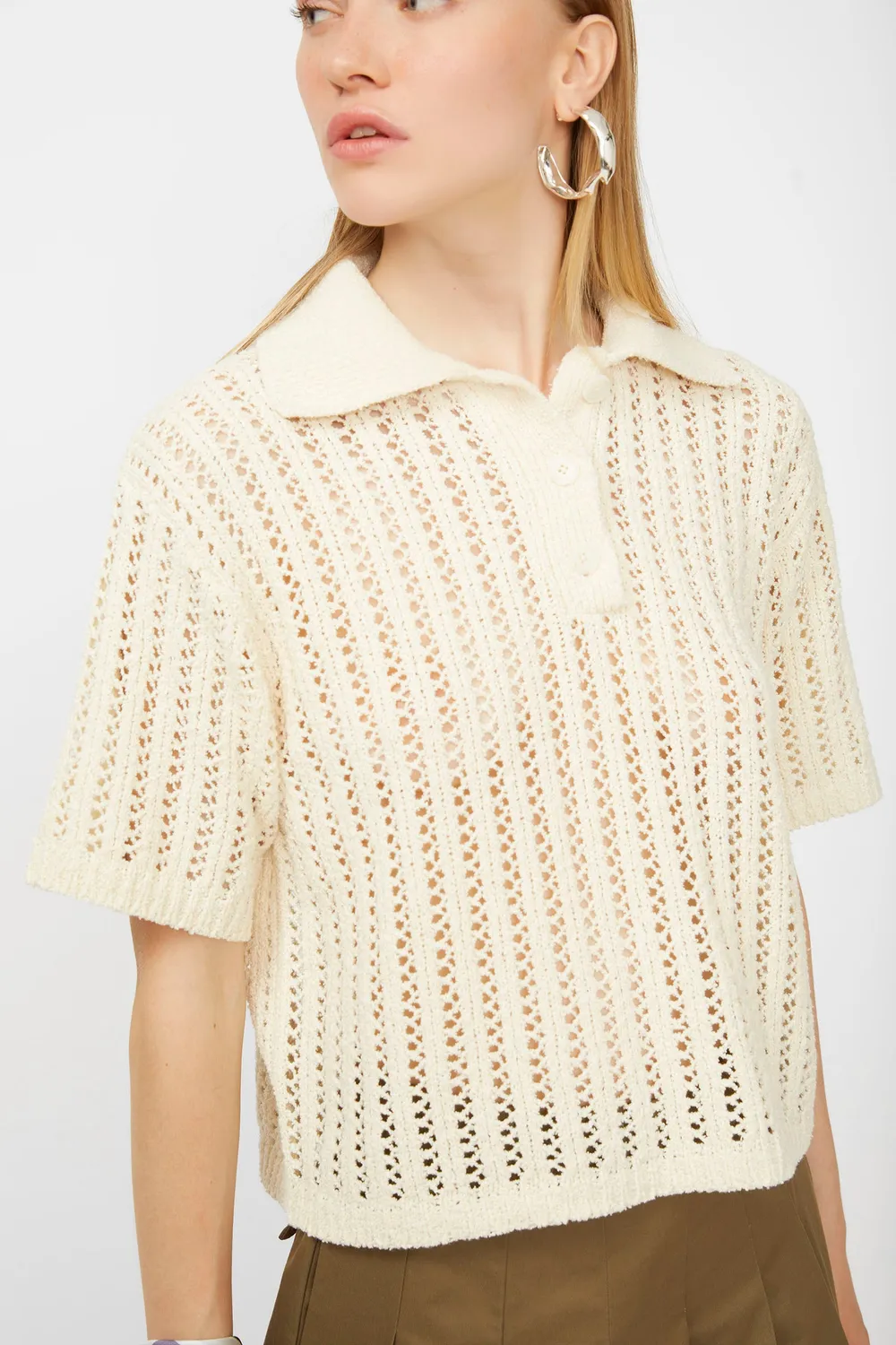 Isabelle Blanche tricou polo ivory perforat bumbac