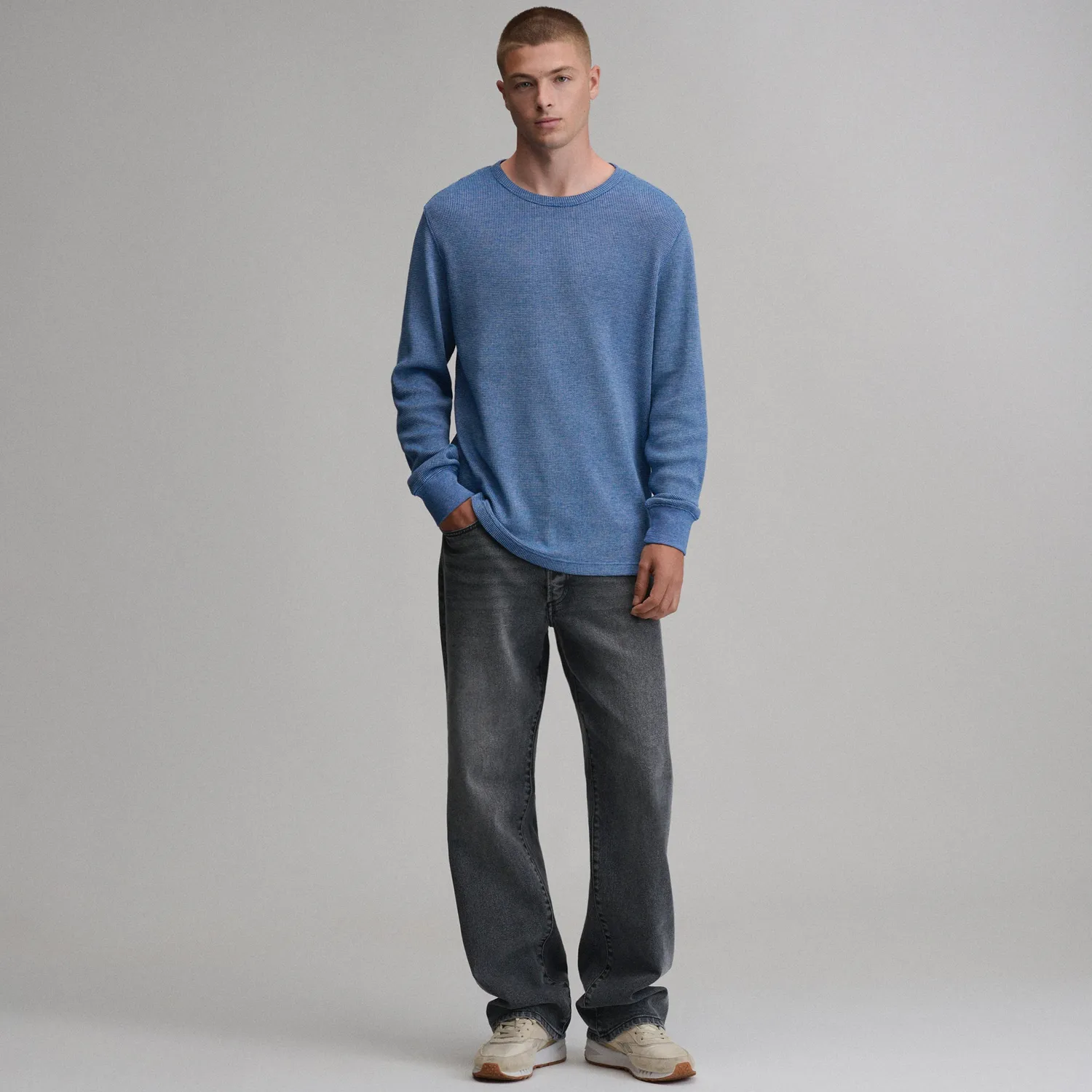 Eddie Bauer Plaited Waffle Thermal Crew bluză Whistle Blue călduroasă