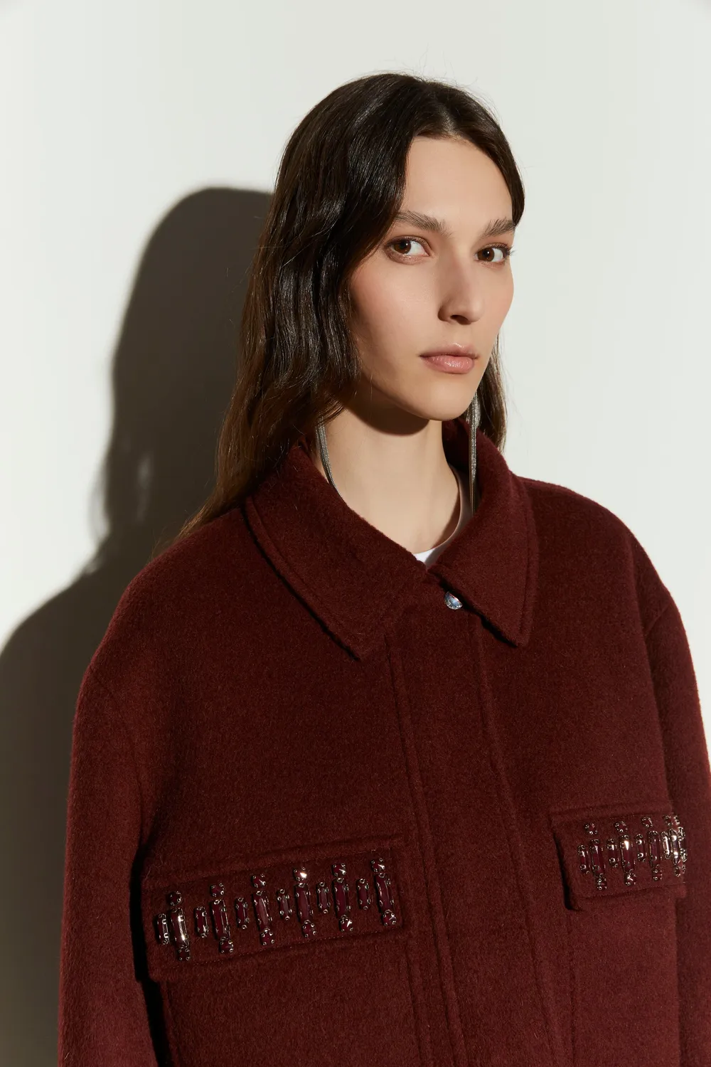 Isabelle Blanche jacheta lana burgundy M cu pietre