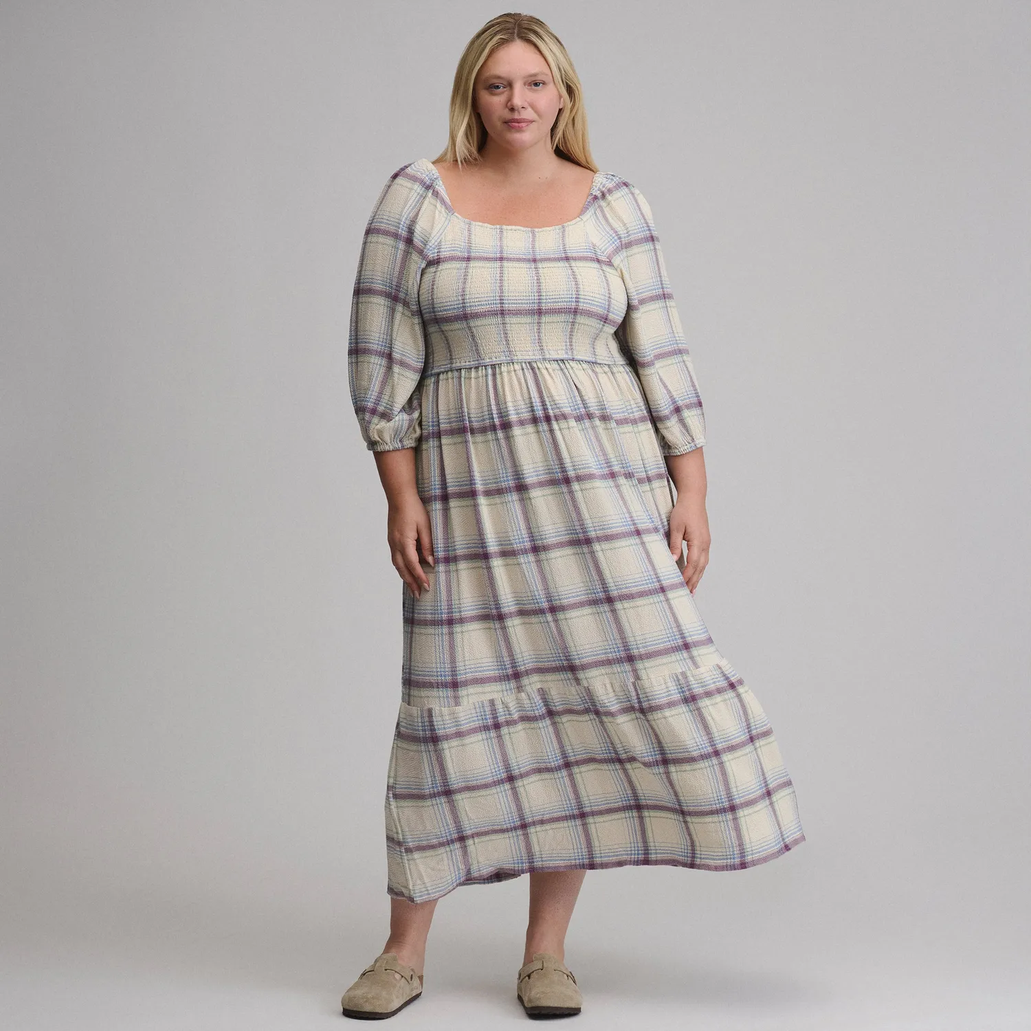 Eddie Bauer Plaid Smocked Bodice rochie midi Shell carouri