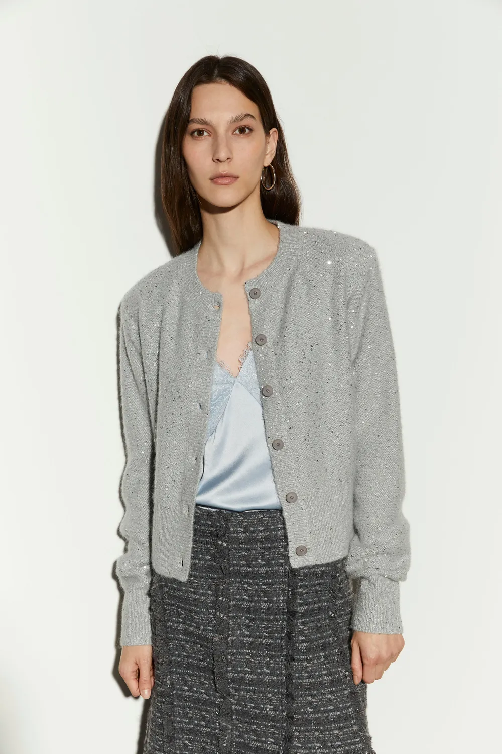 Isabelle Blanche cardigan paiete argintiu cu bretele