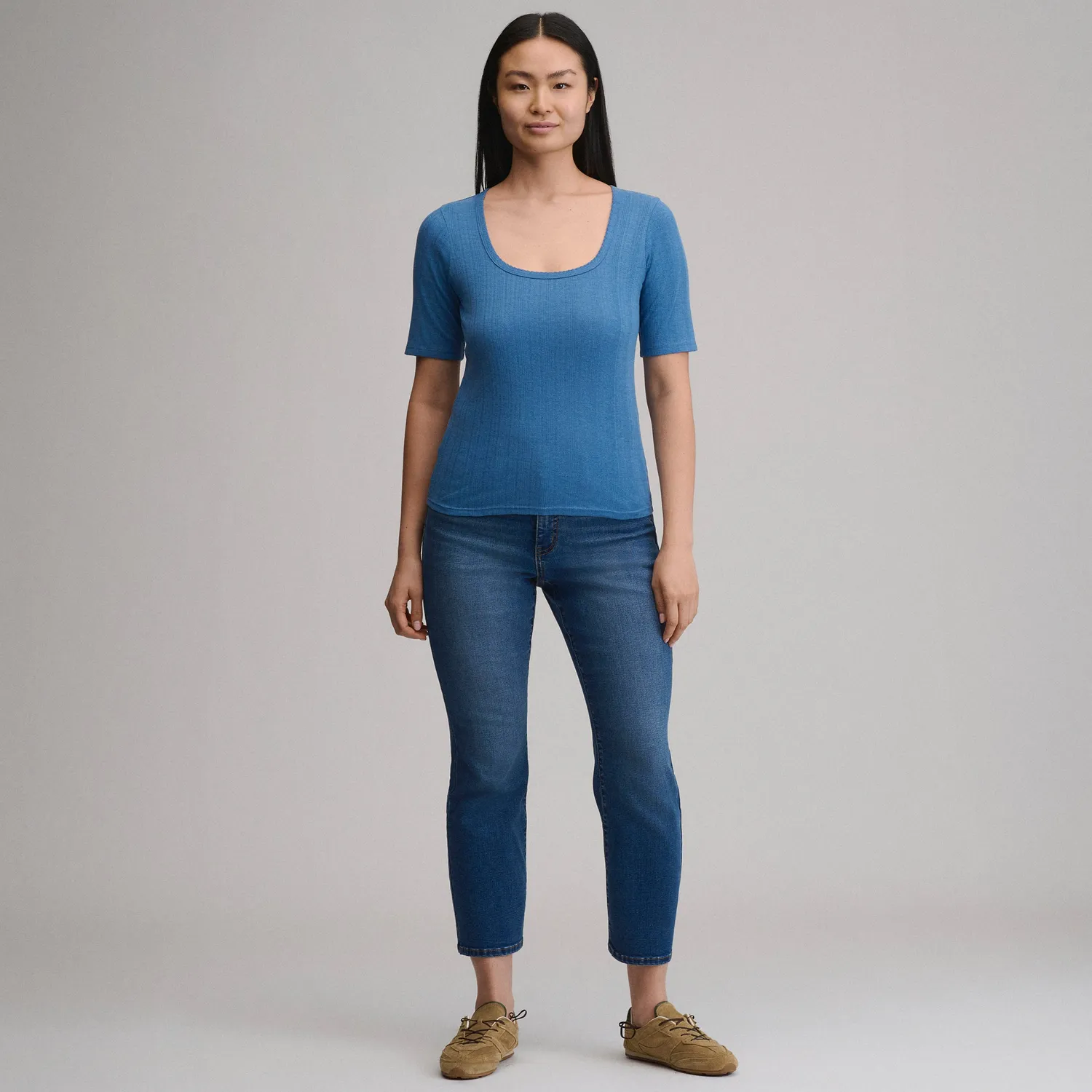 Eddie Bauer Pointelle Square-Neck Crew tricou Dusty Rose bumbac