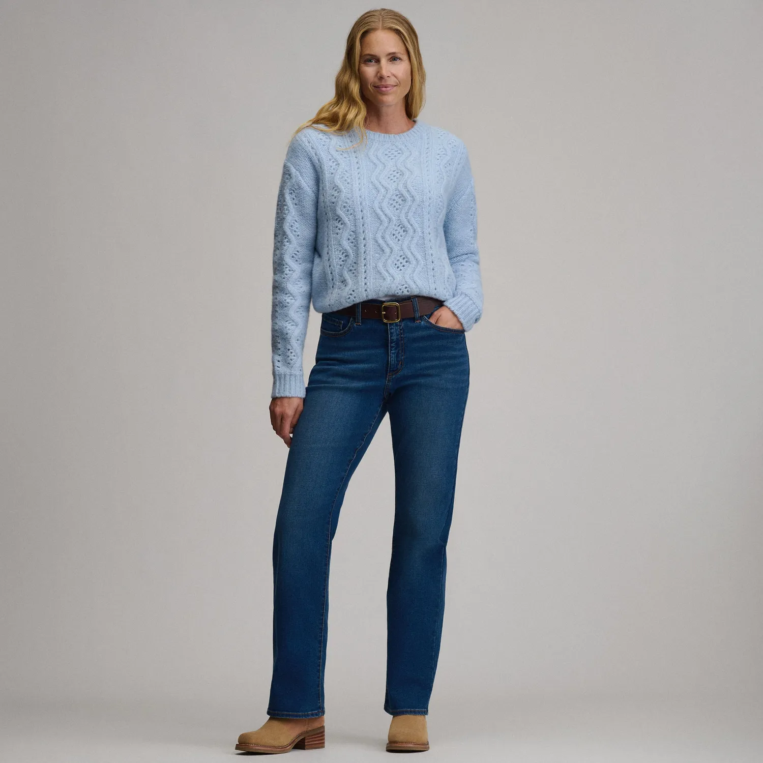 Eddie Bauer Open Stitch pulover dama gri cu cablu