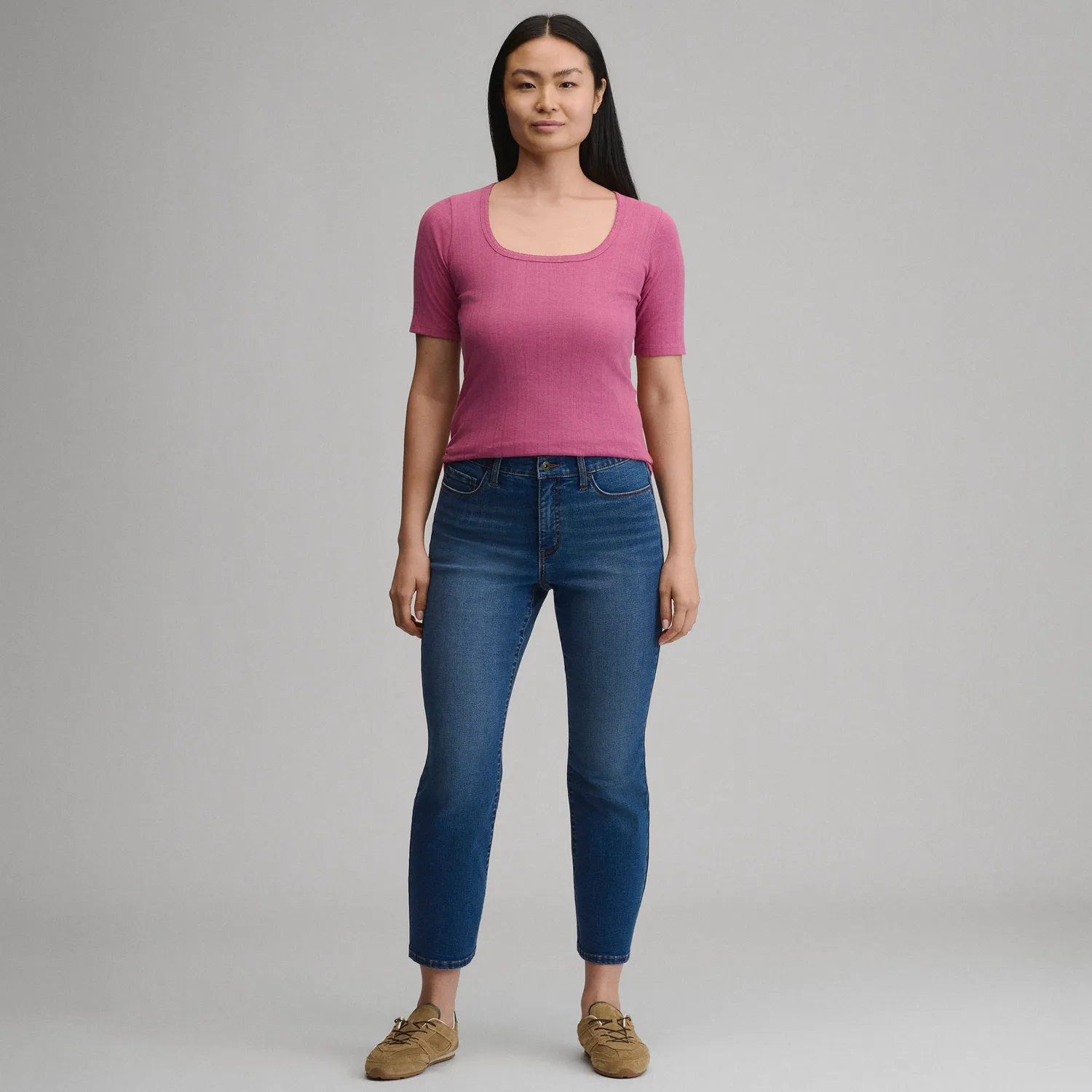 Eddie Bauer Pointelle Square-Neck Crew tricou Dusty Rose bumbac