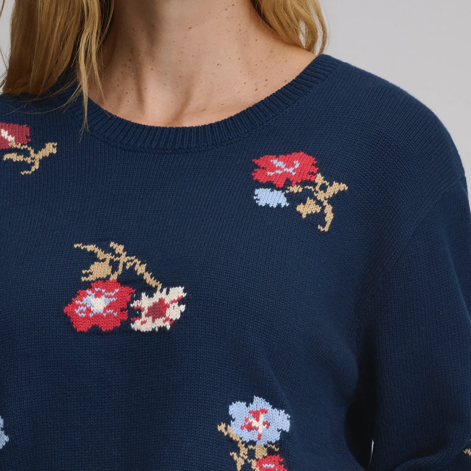 Eddie Bauer Floral Crewneck pulover dama bleumarin cu model floral