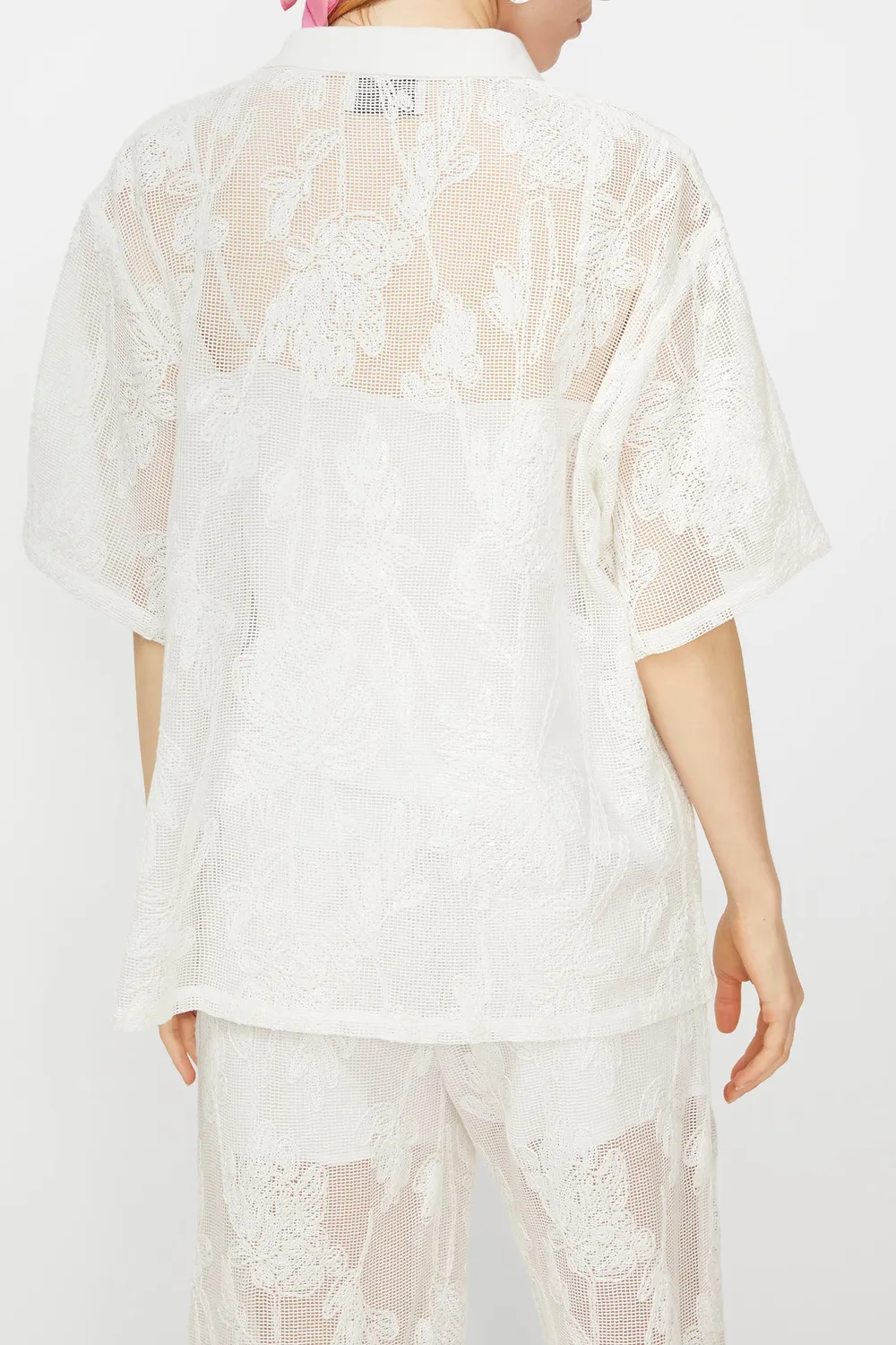 Tricou polo Isabelle Blanche alb cu floare paiete
