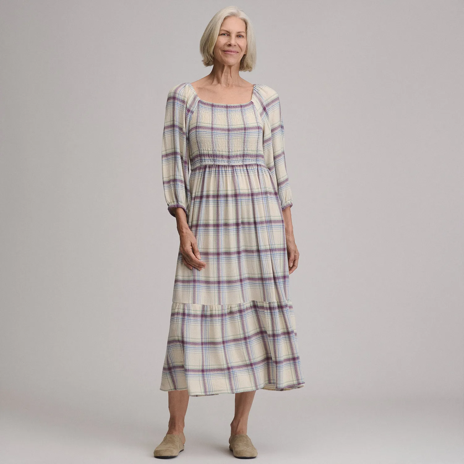 Eddie Bauer Plaid Smocked Bodice rochie midi Shell carouri