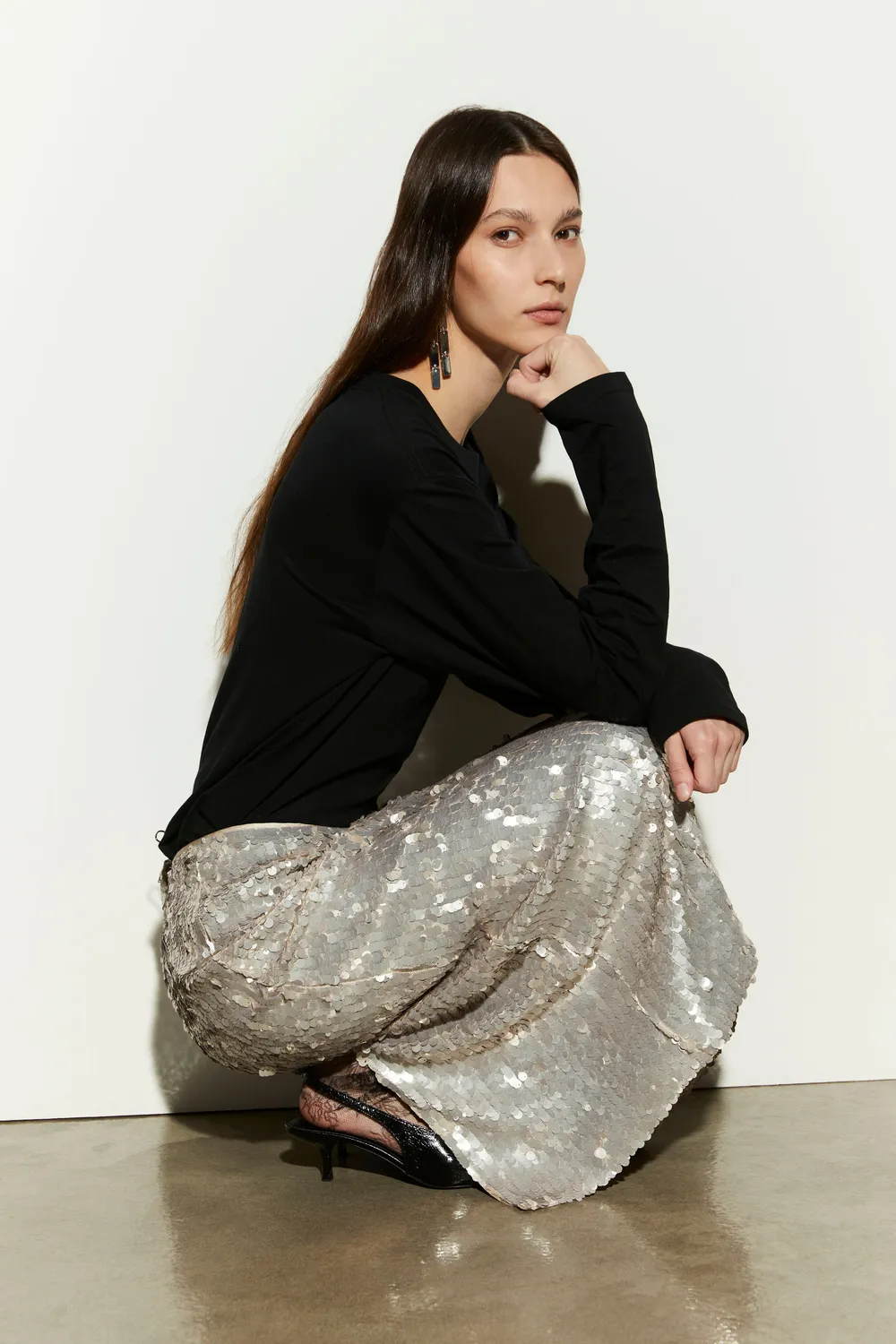 Isabelle Blanche fusta midi oatmeal cu paiete
