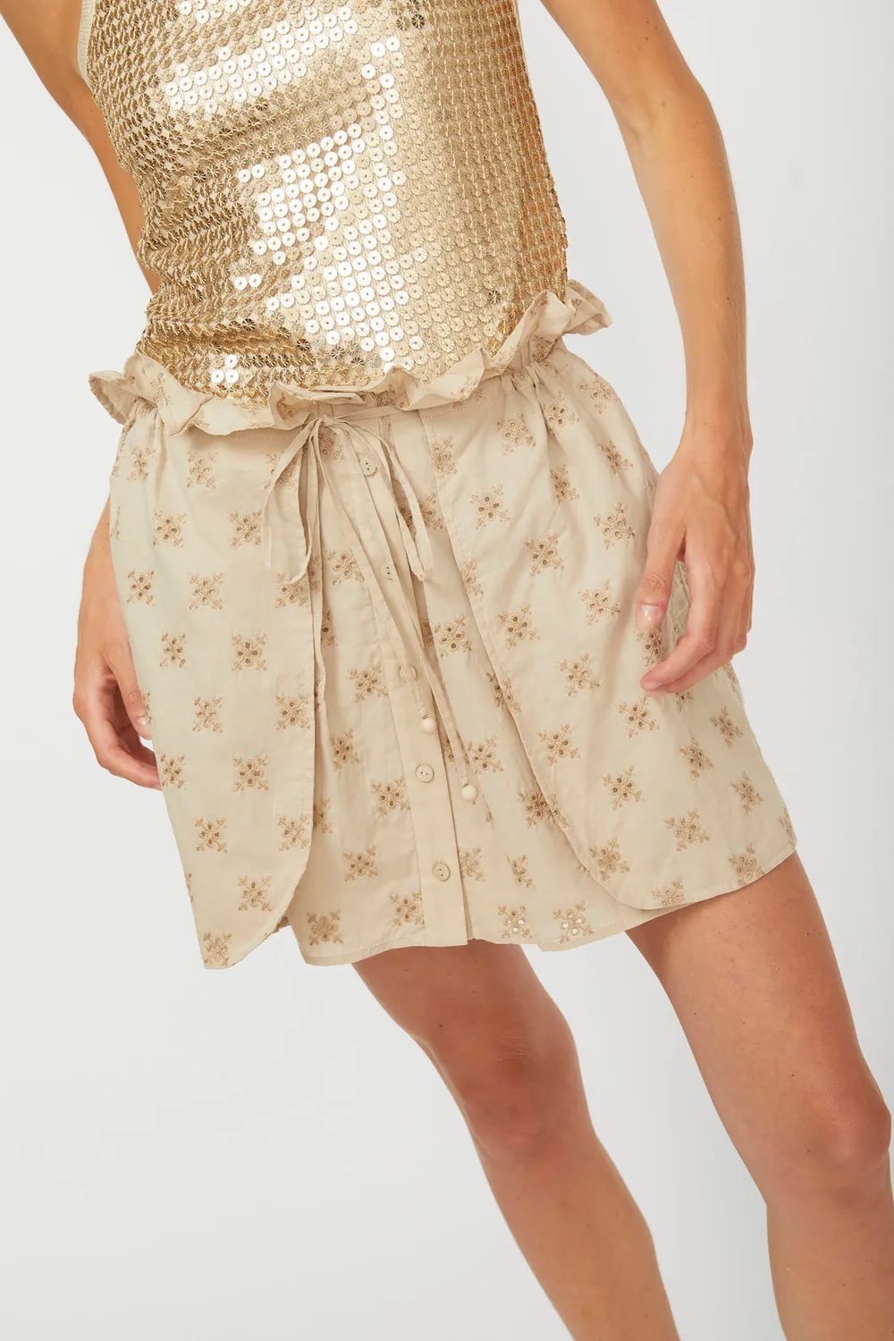 Isabelle Blanche fustă mini broderie dusty sand bumbac