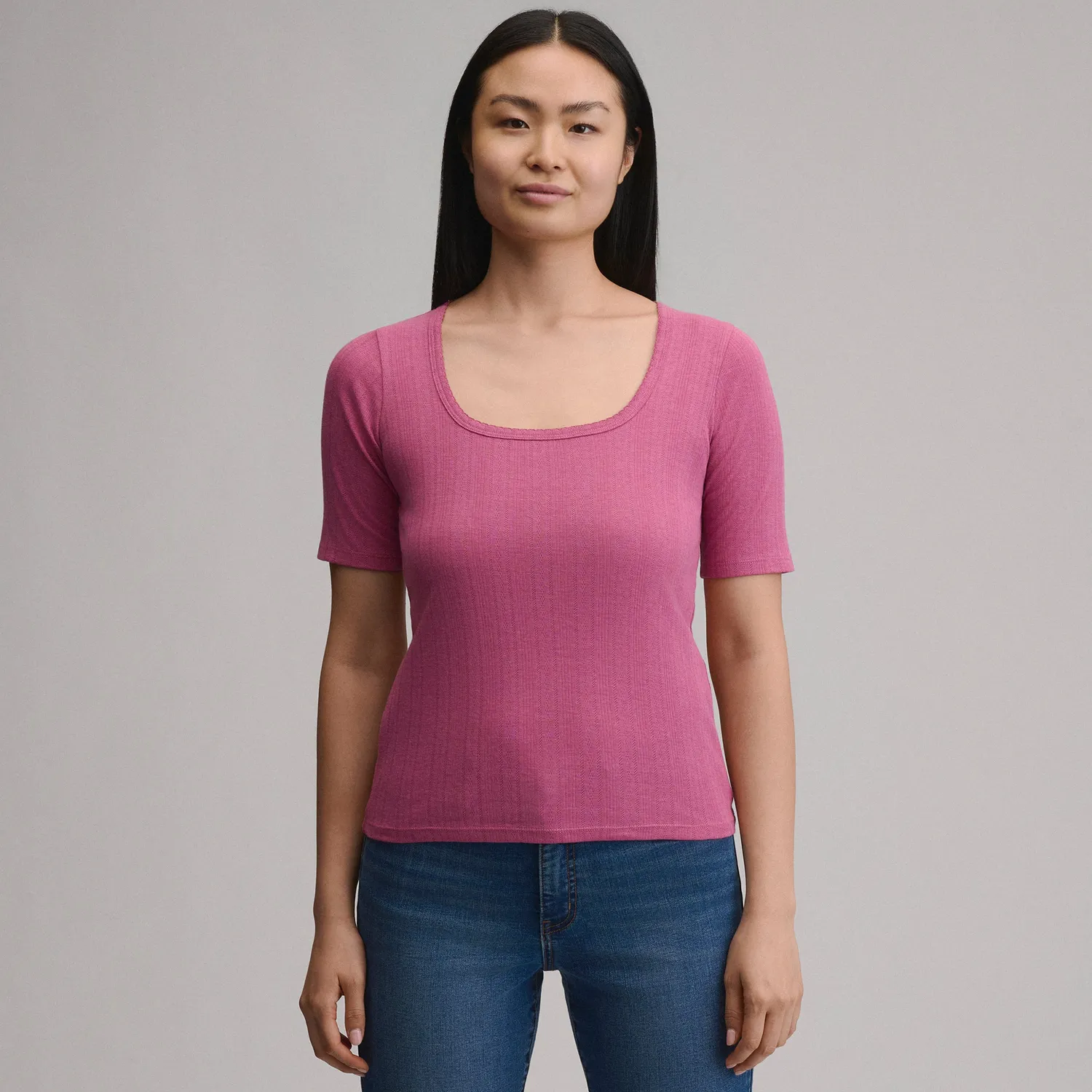 Eddie Bauer Pointelle Square-Neck Crew tricou Dusty Rose bumbac