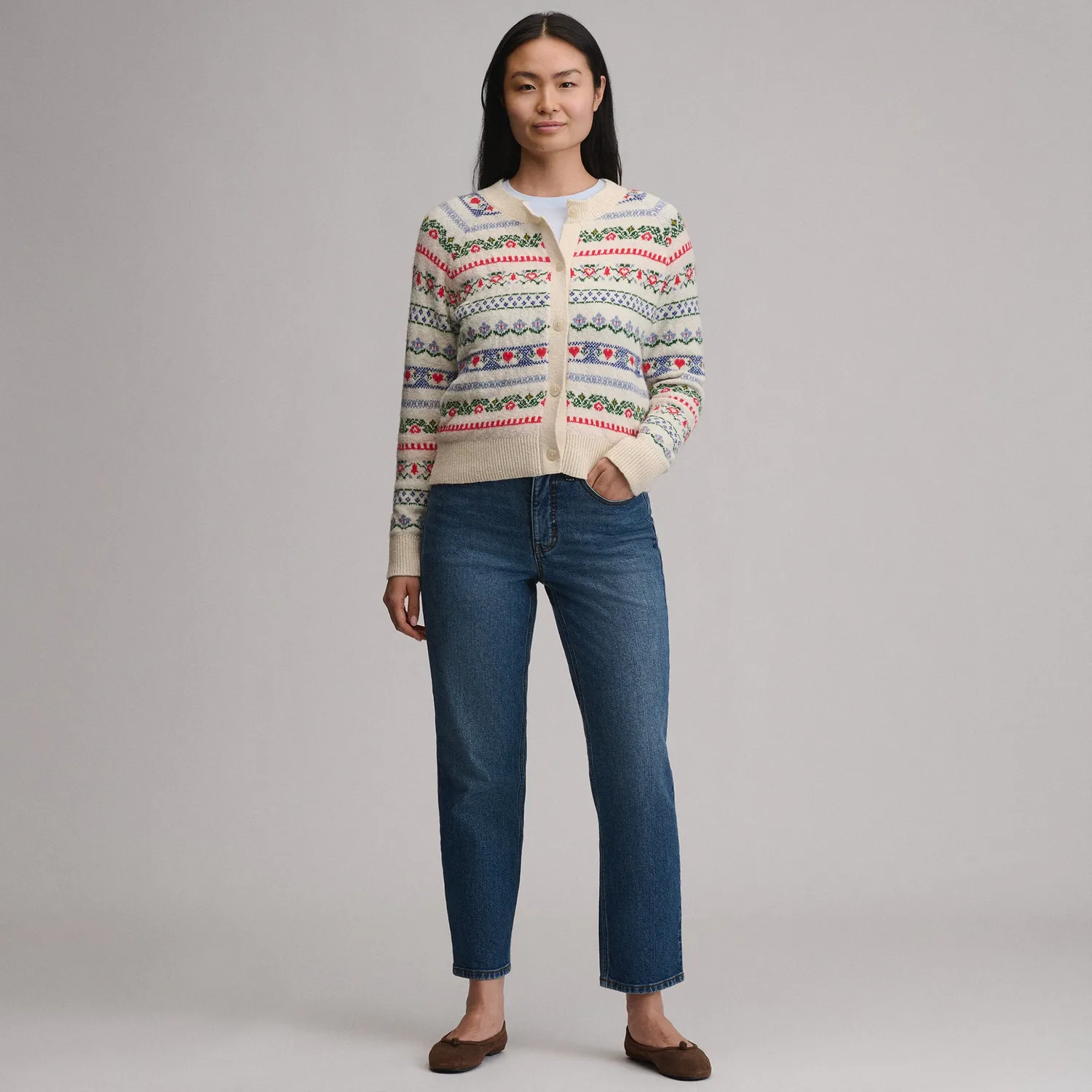 Eddie Bauer Signature Novelty Stripe cardigan dama bej cu nasturi