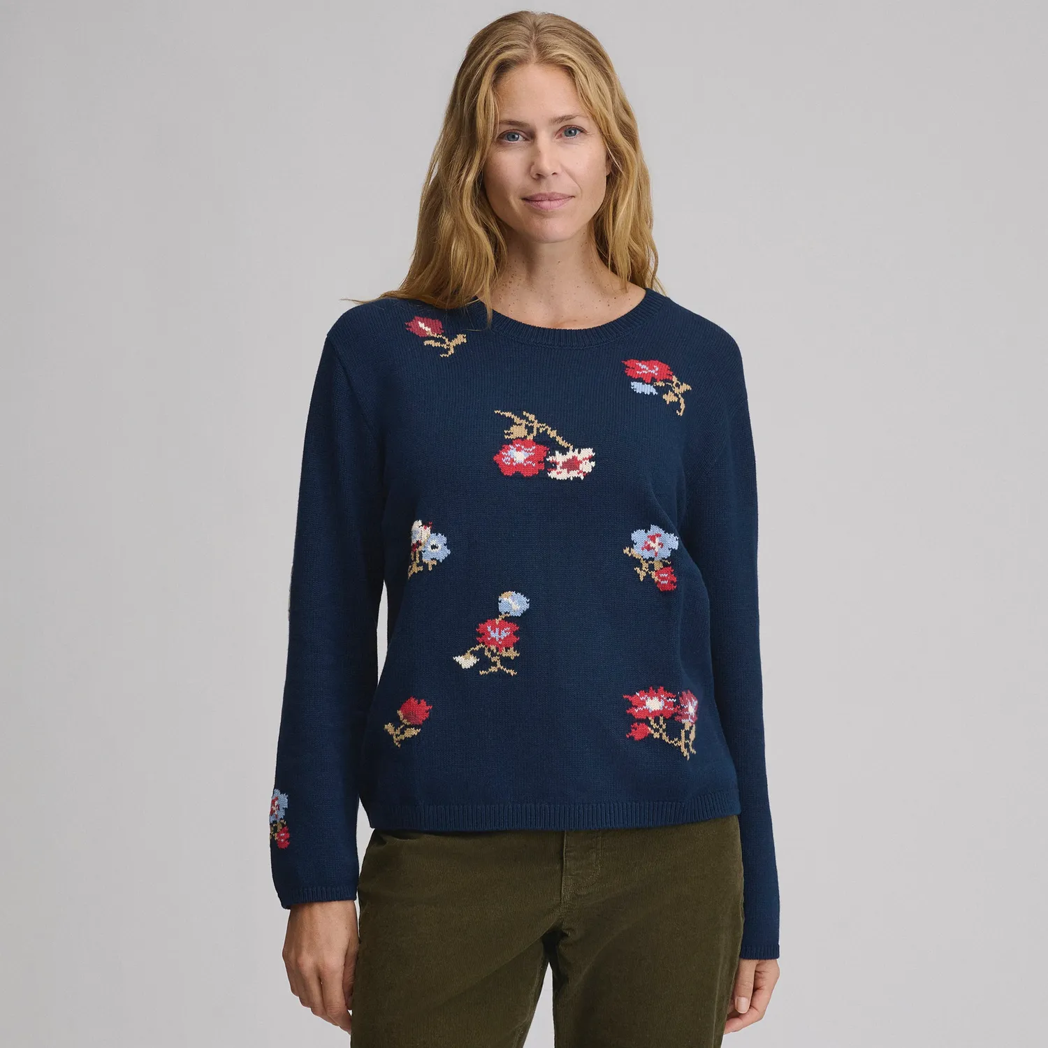 Eddie Bauer Floral Crewneck pulover dama bleumarin cu model floral