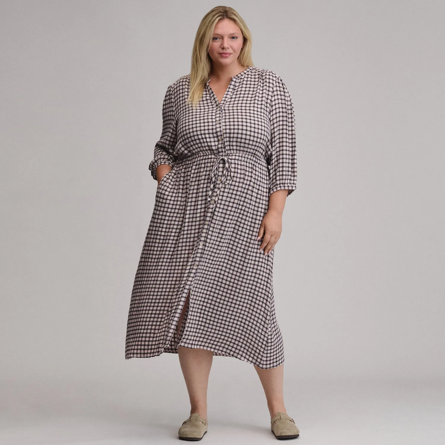 Eddie Bauer Plaid Button Front Belted Midi rochie Blossom carouri