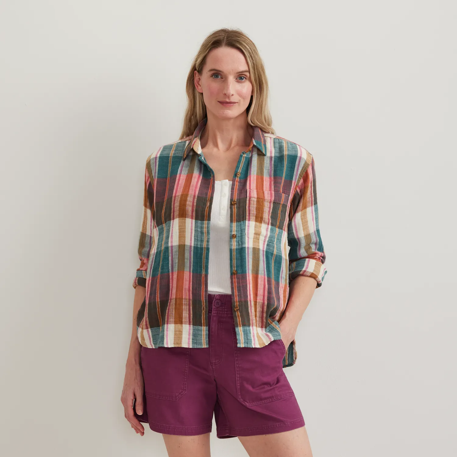 Eddie Bauer Cotton Slub camasa dama carouri roz