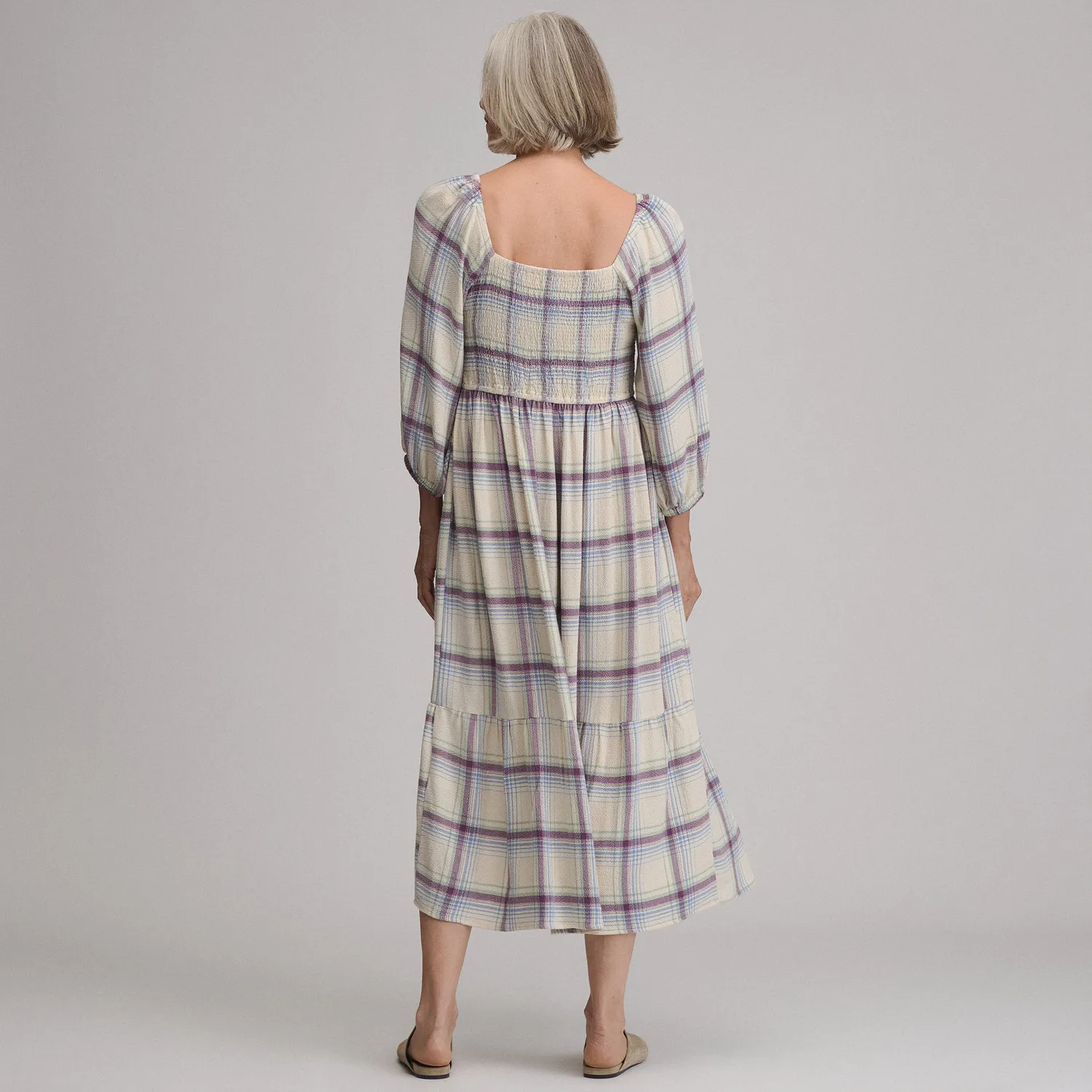 Eddie Bauer Plaid Smocked Bodice rochie midi Shell carouri