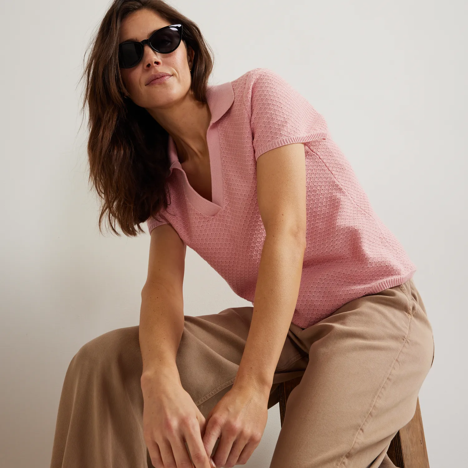 Eddie Bauer Diamond Stitch pulover Ivory mânecă scurtă
